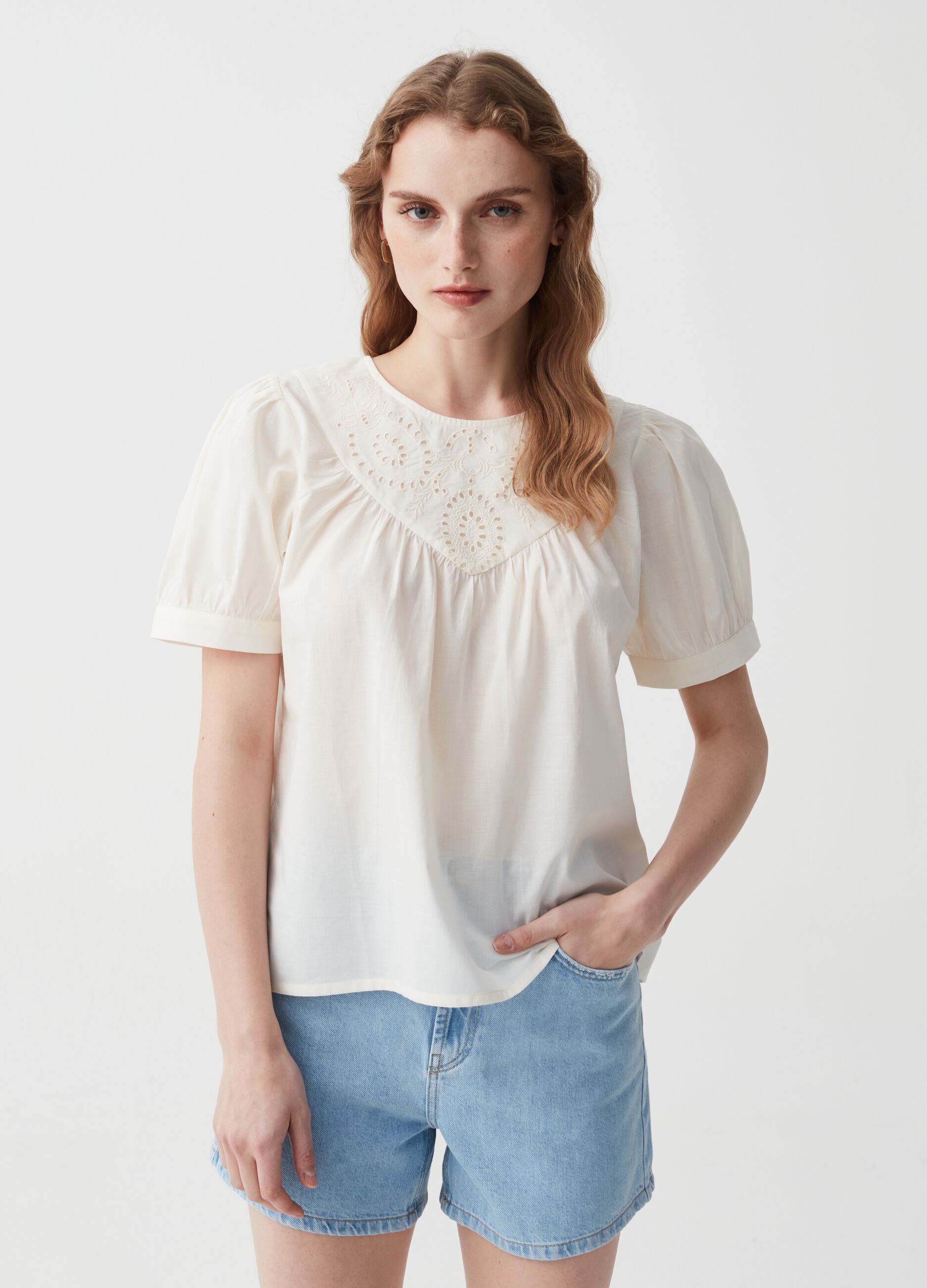 Cotton blouse with broderie anglaise insert