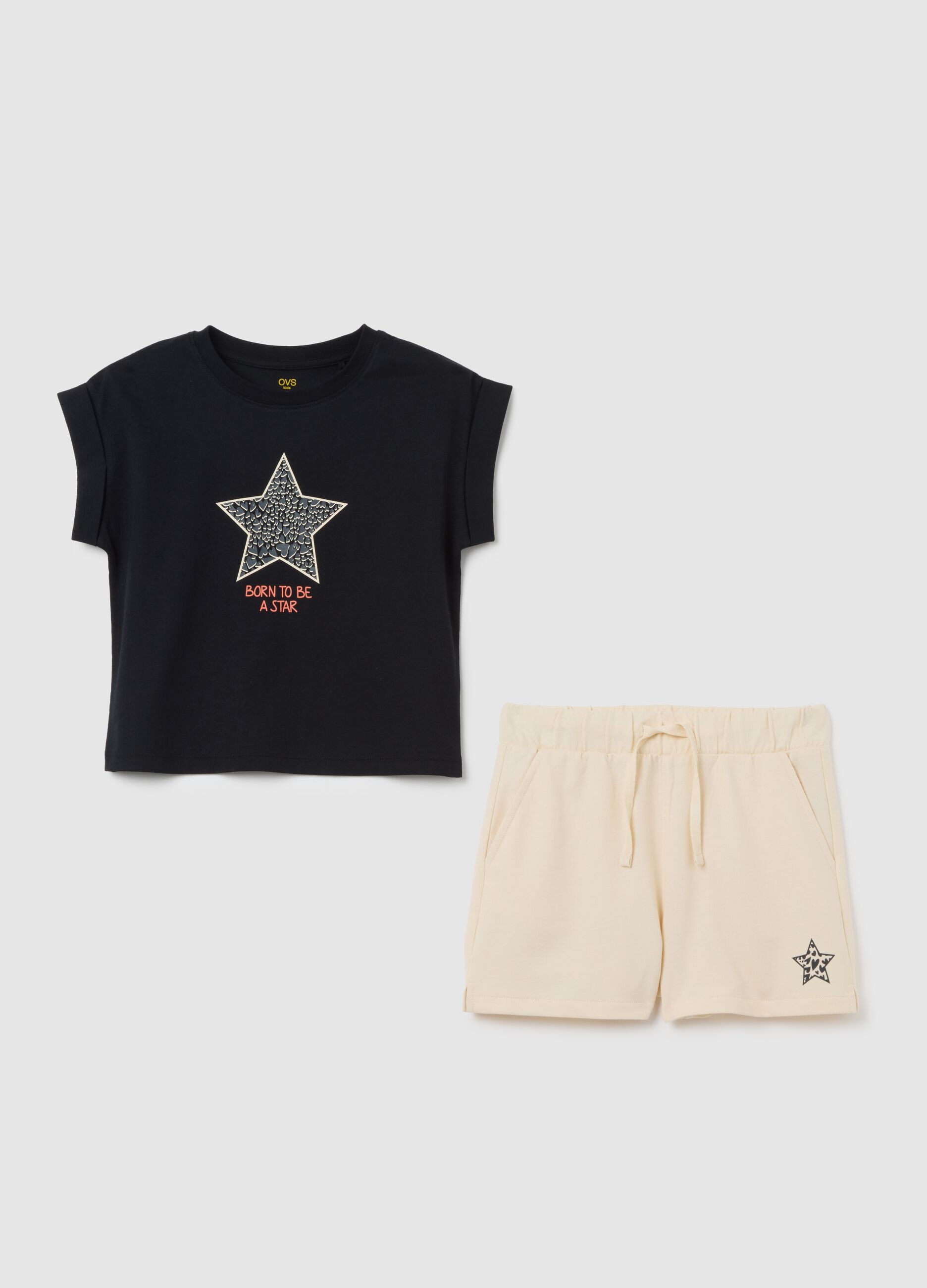 Set t-shirt e shorts da ragazza in puro cotone nero regular fit