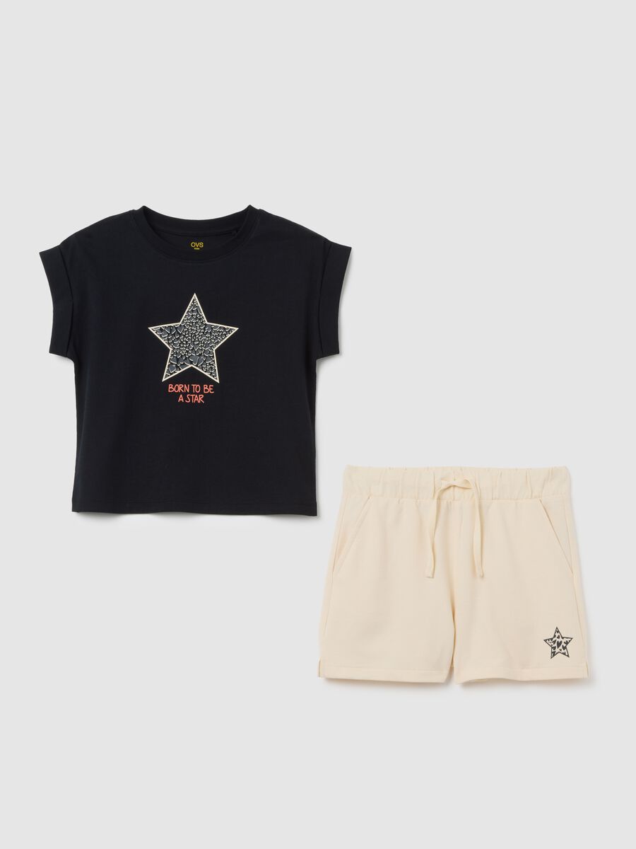 Set t-shirt e shorts da ragazza in puro cotone nero regular fit_0