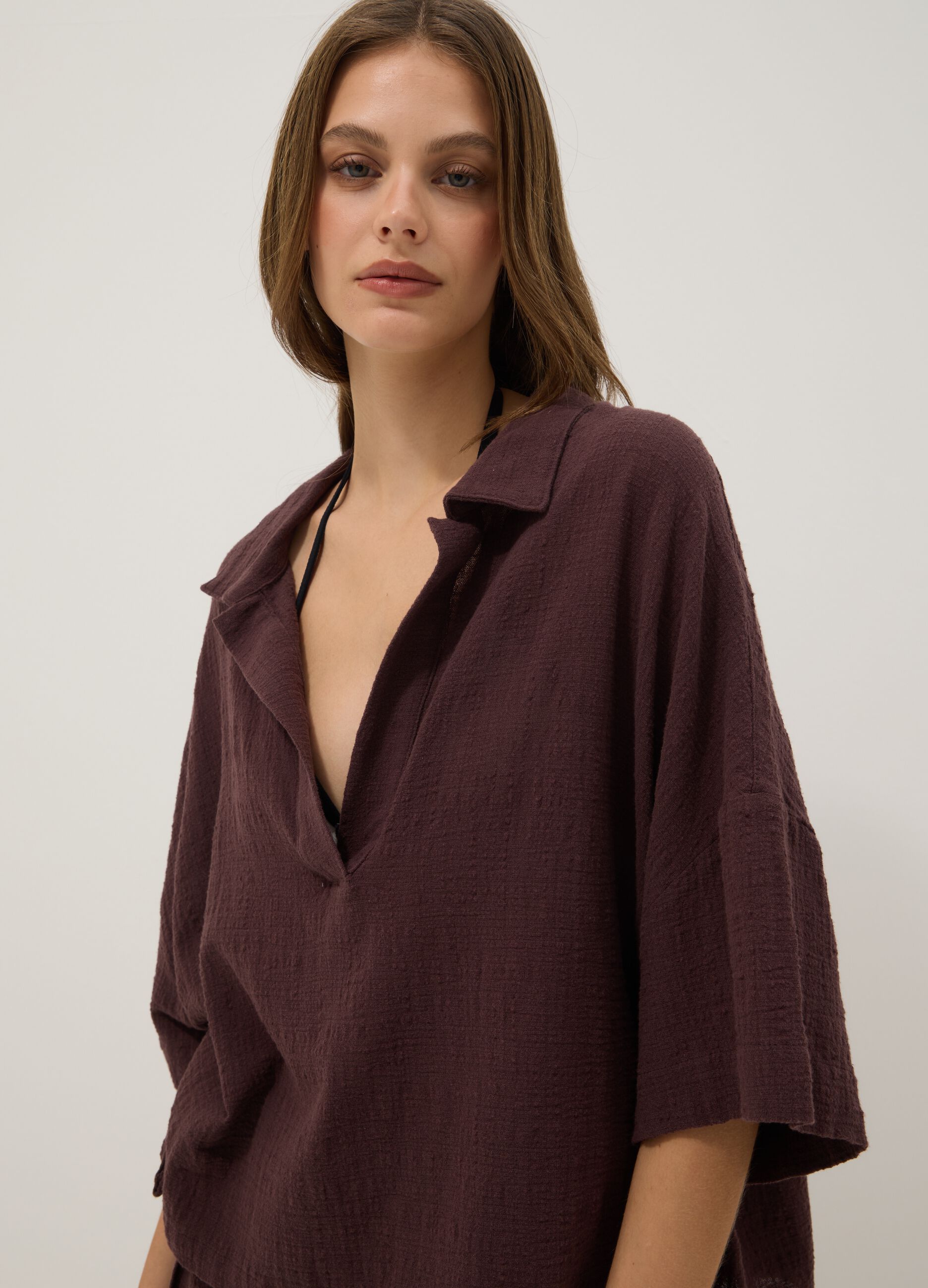 Short brown pure cotton kaftan with V-neck