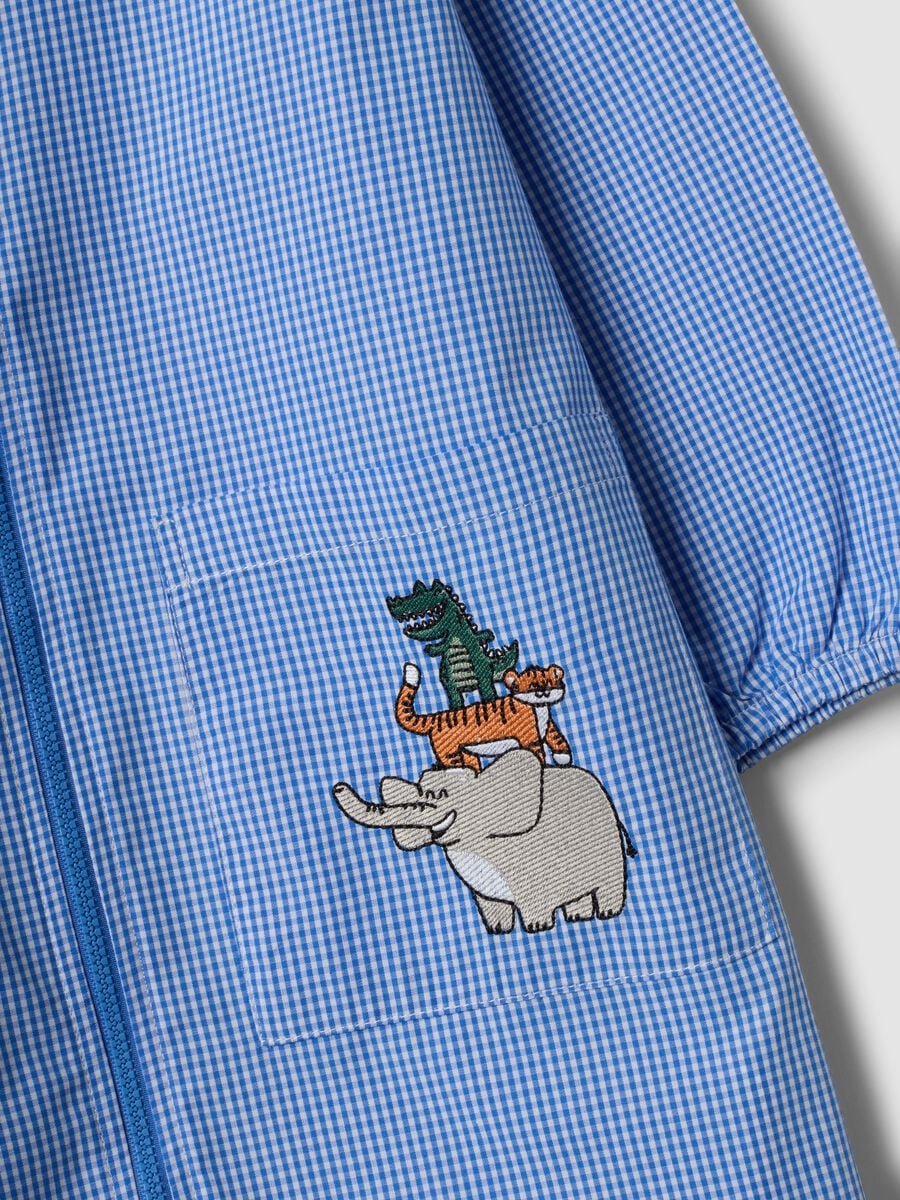 Blue gingham nursery apron with zip and animal embroidery_3