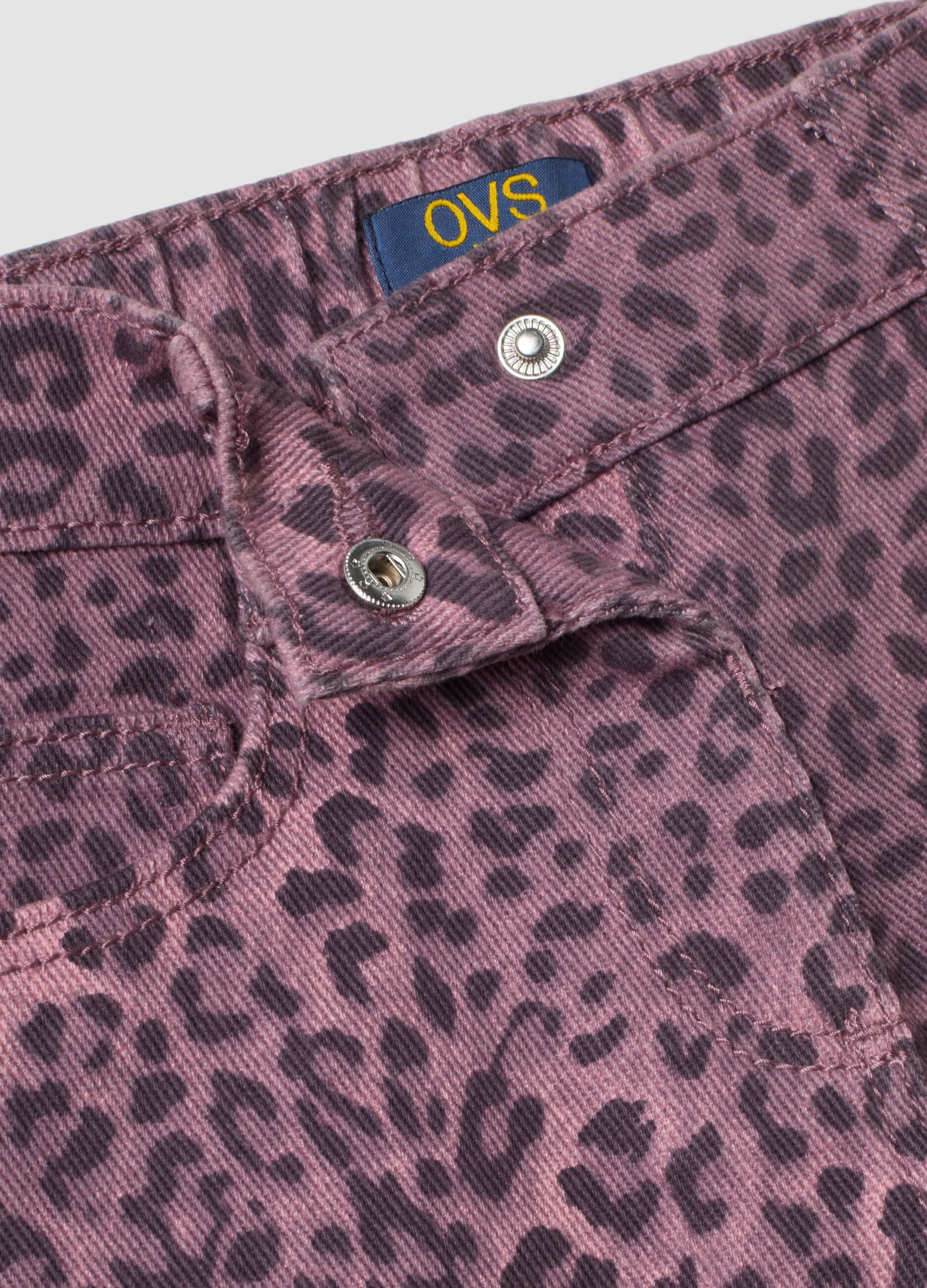 Pantaloni viola wide leg in puro cotone con fantasia animalier per bambina