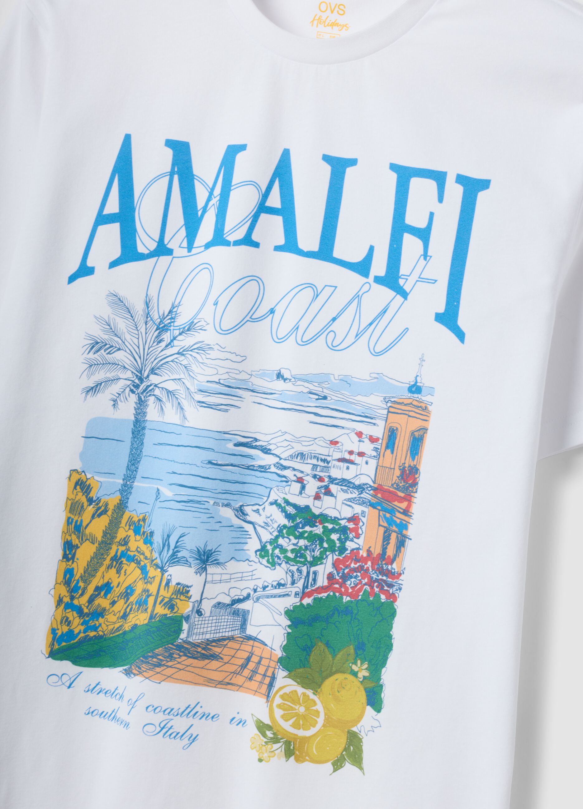 White pure cotton T-shirt with print, regular fit