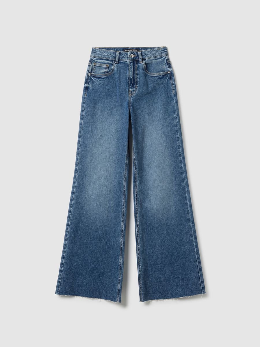 Wide leg stretch cotton blue jeans_4