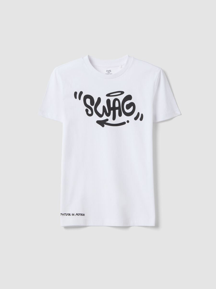 Boys' white pure cotton T-shirt regular fit with Swag print_3