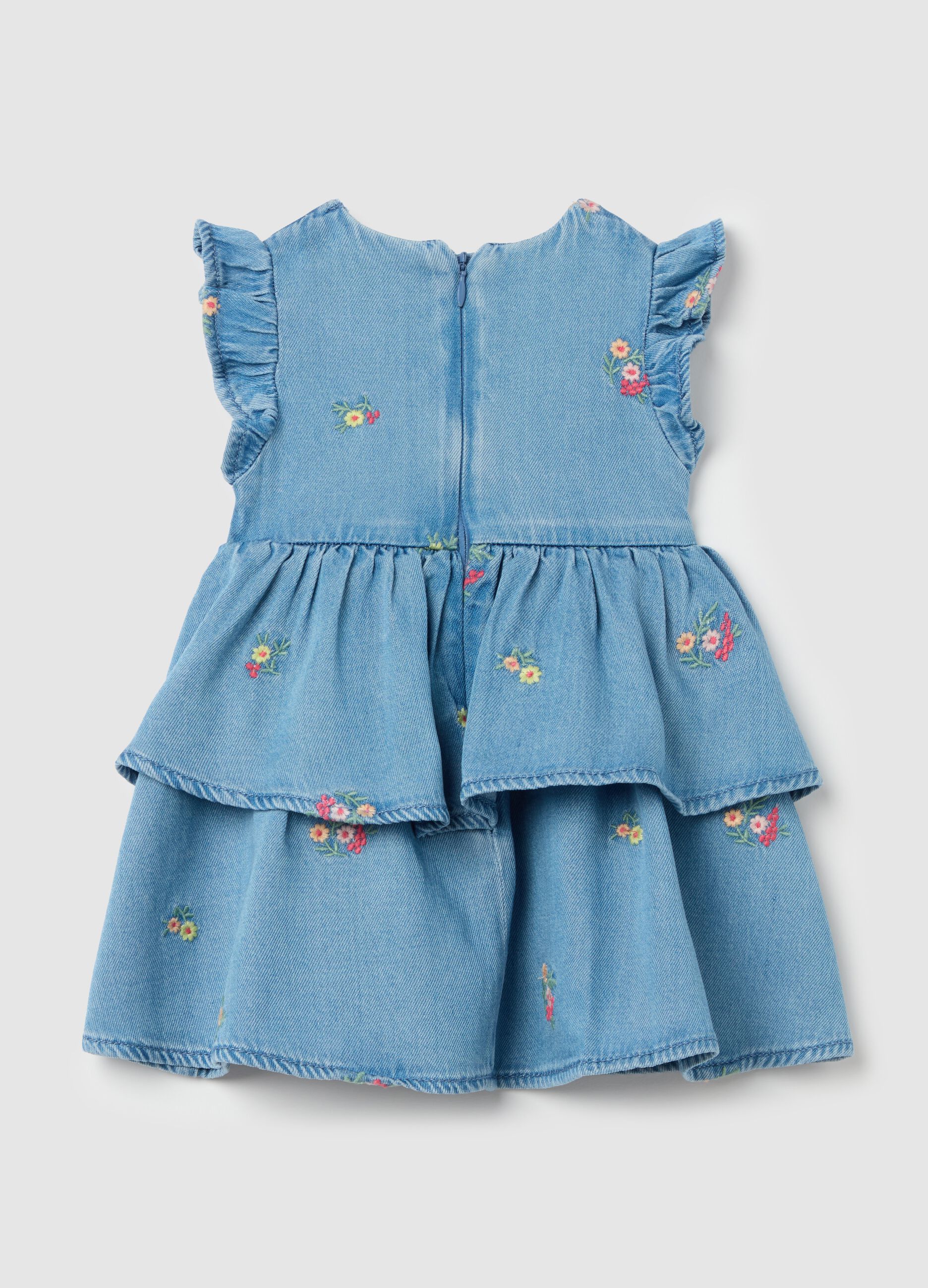 Tiered denim dress with flowers embroidery