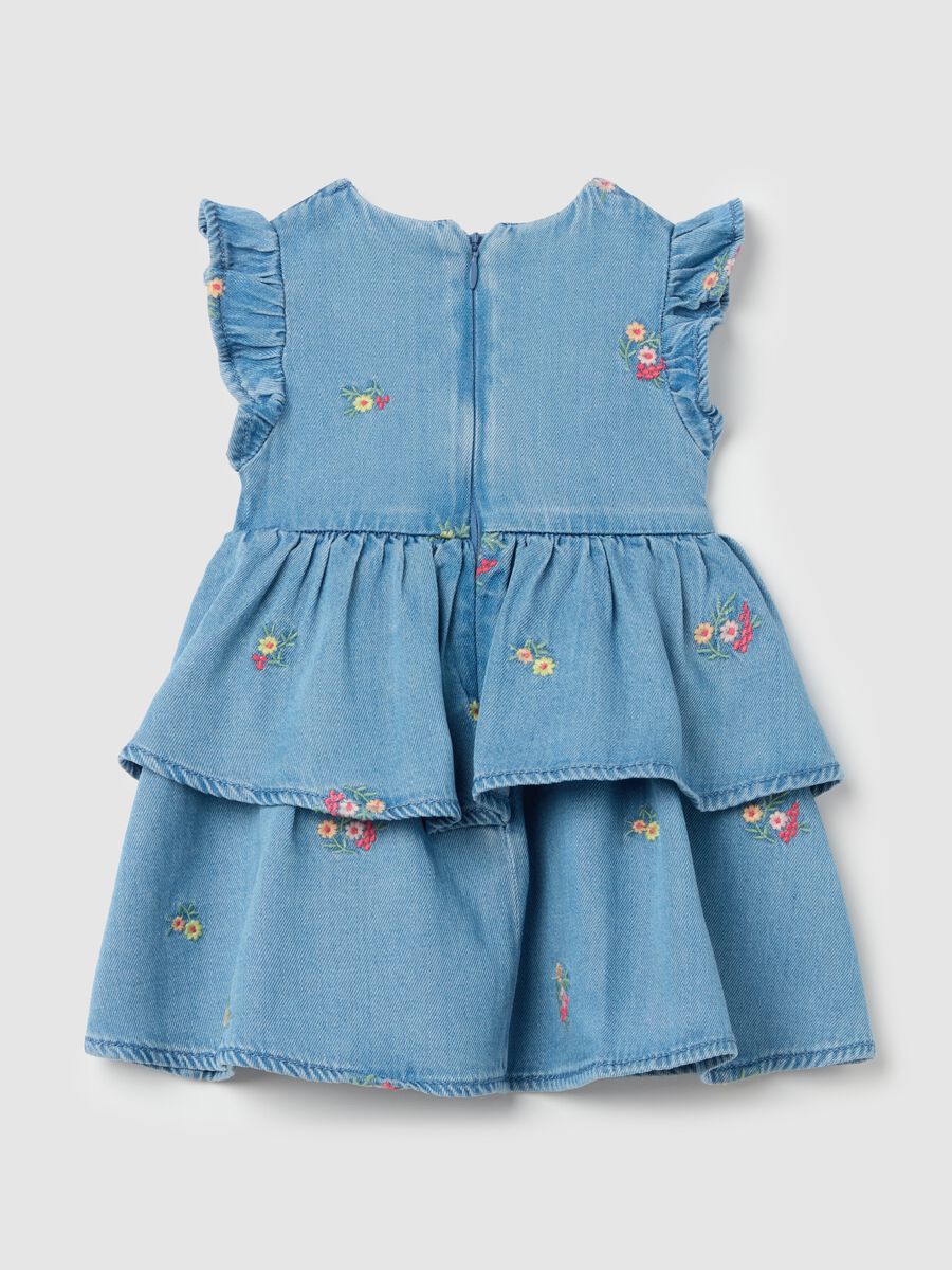 Tiered denim dress with flowers embroidery_1