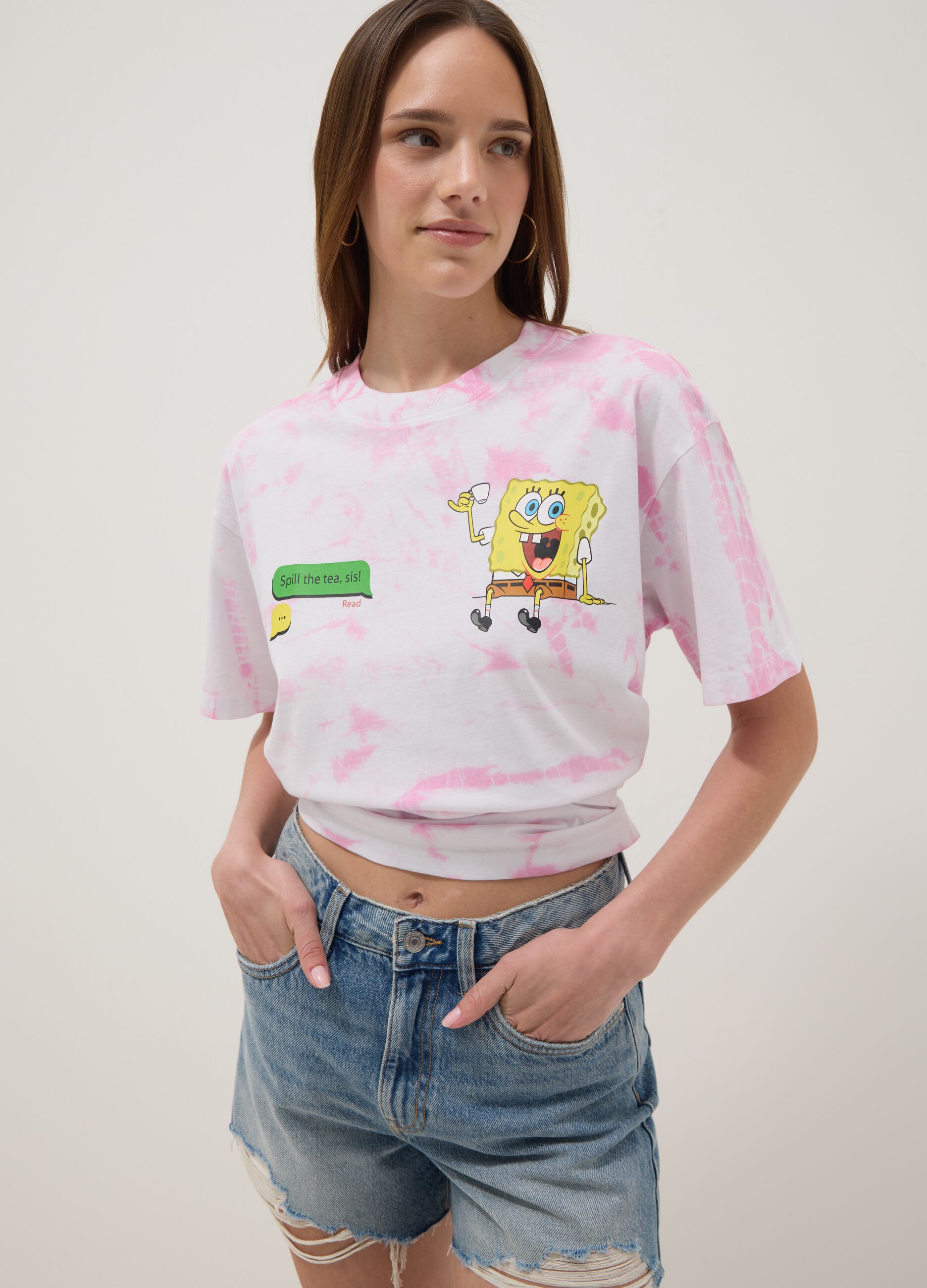 Multicoloured pure cotton T-shirt with regular fit and SpongeBob print