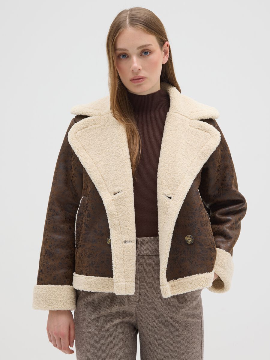 Giacca pesante marrone con collo a contrasto regular fit_0