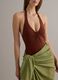 Costume intero marrone in tessuto elasticizzato con lacci al collo_3