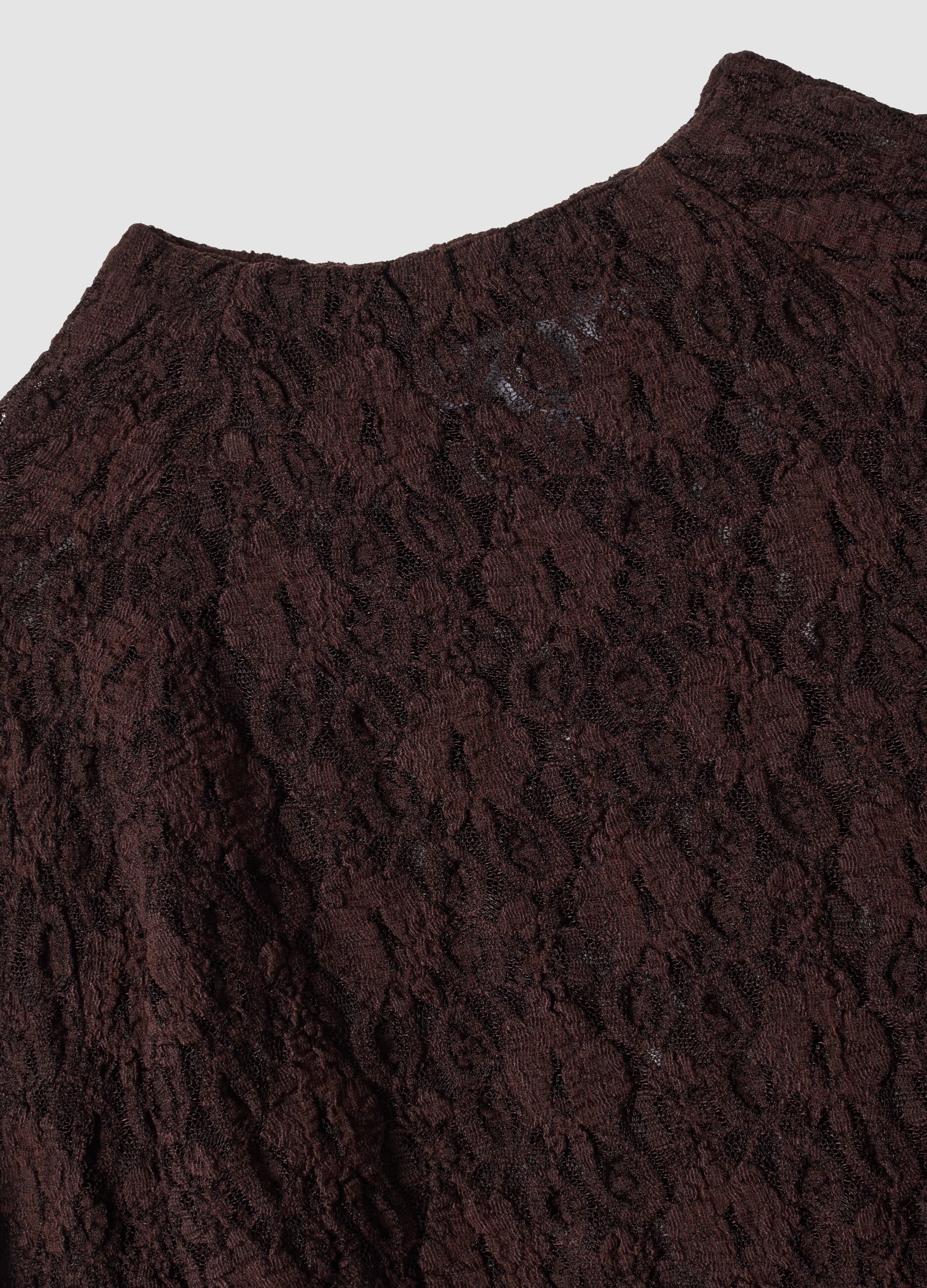 Brown perforated stretch-fabric T-shirt with raised collar