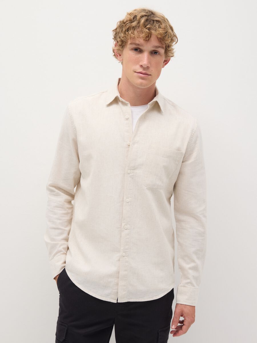 Men's beige linen regular fit shirt_0