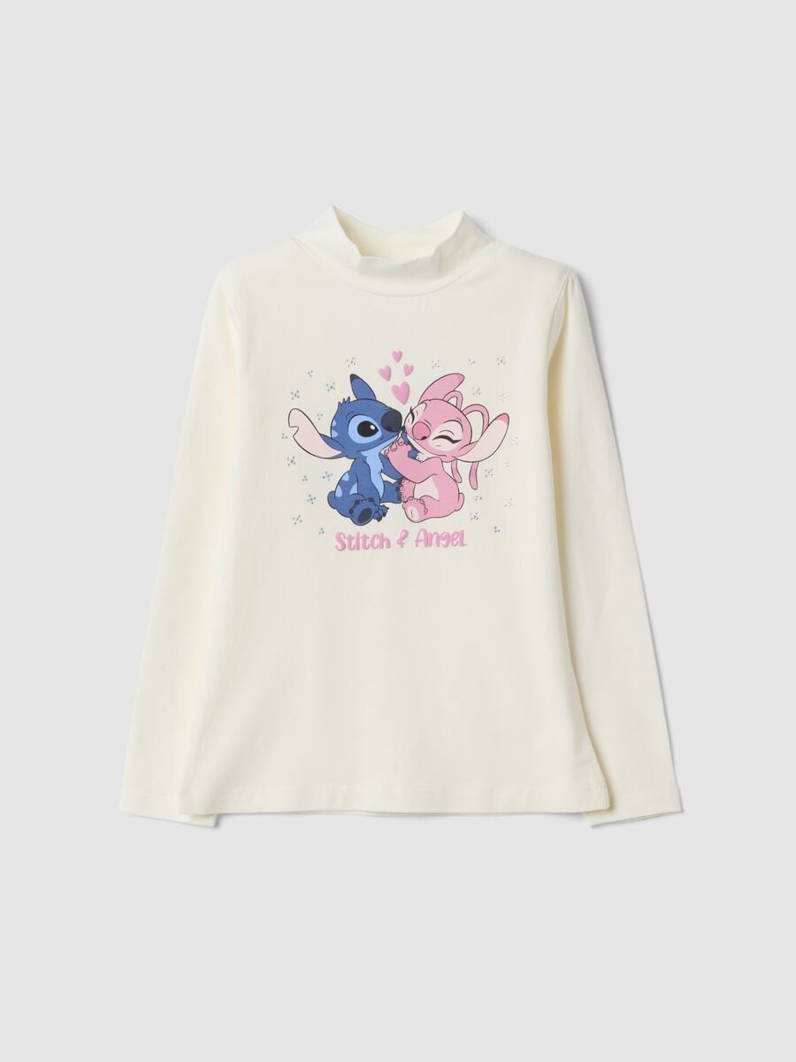 T-shirt bianca in cotone elasticizzato con stampa Lilo & Stitch_0