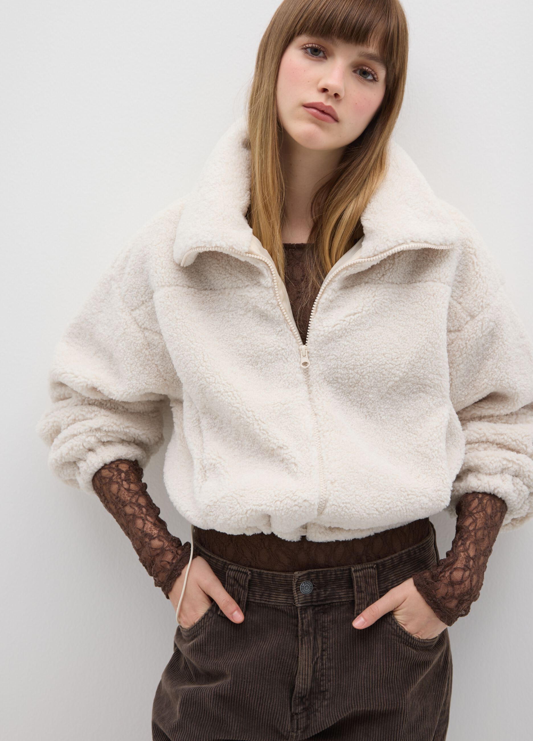 Beige sherpa jacket regular fit