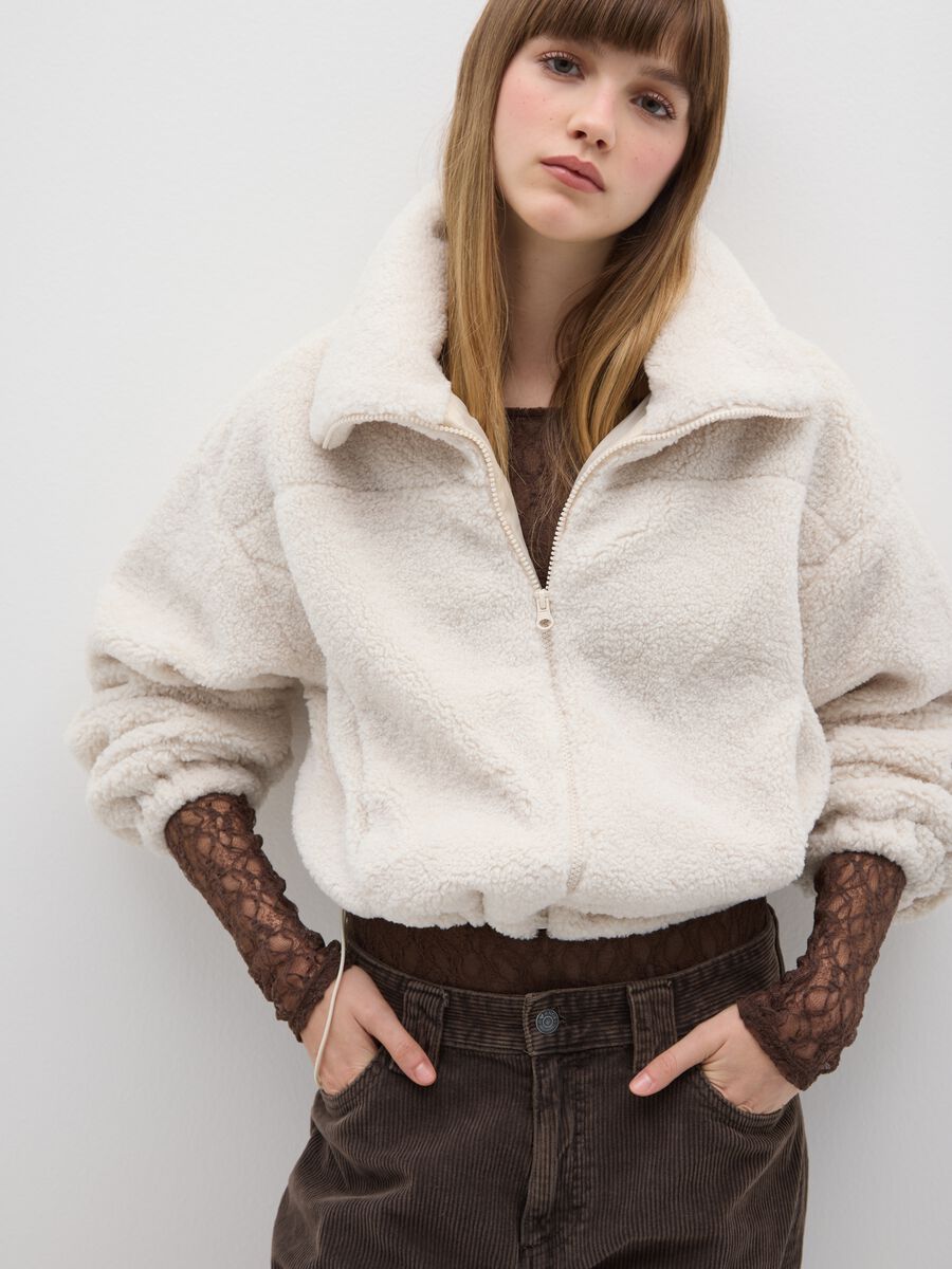 Beige sherpa jacket regular fit_0