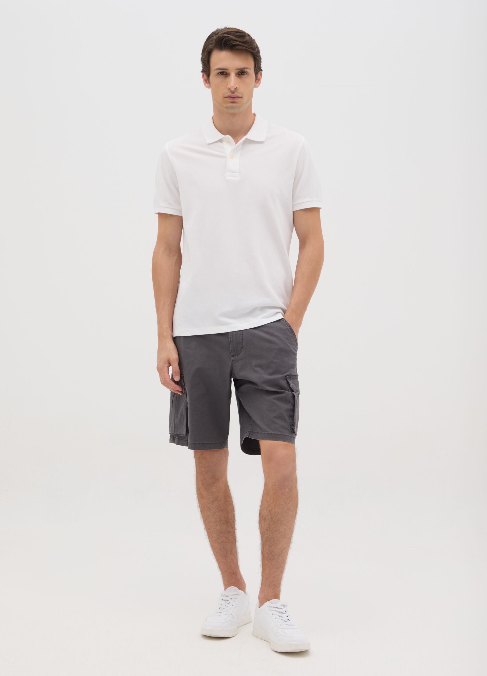 Men's grey stretch cotton cargo trousers