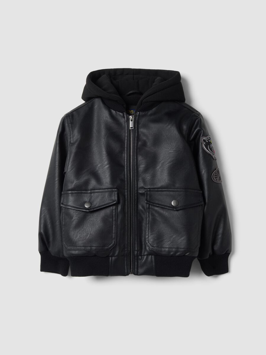 Black padded hooded zip-up jacket for boys_0