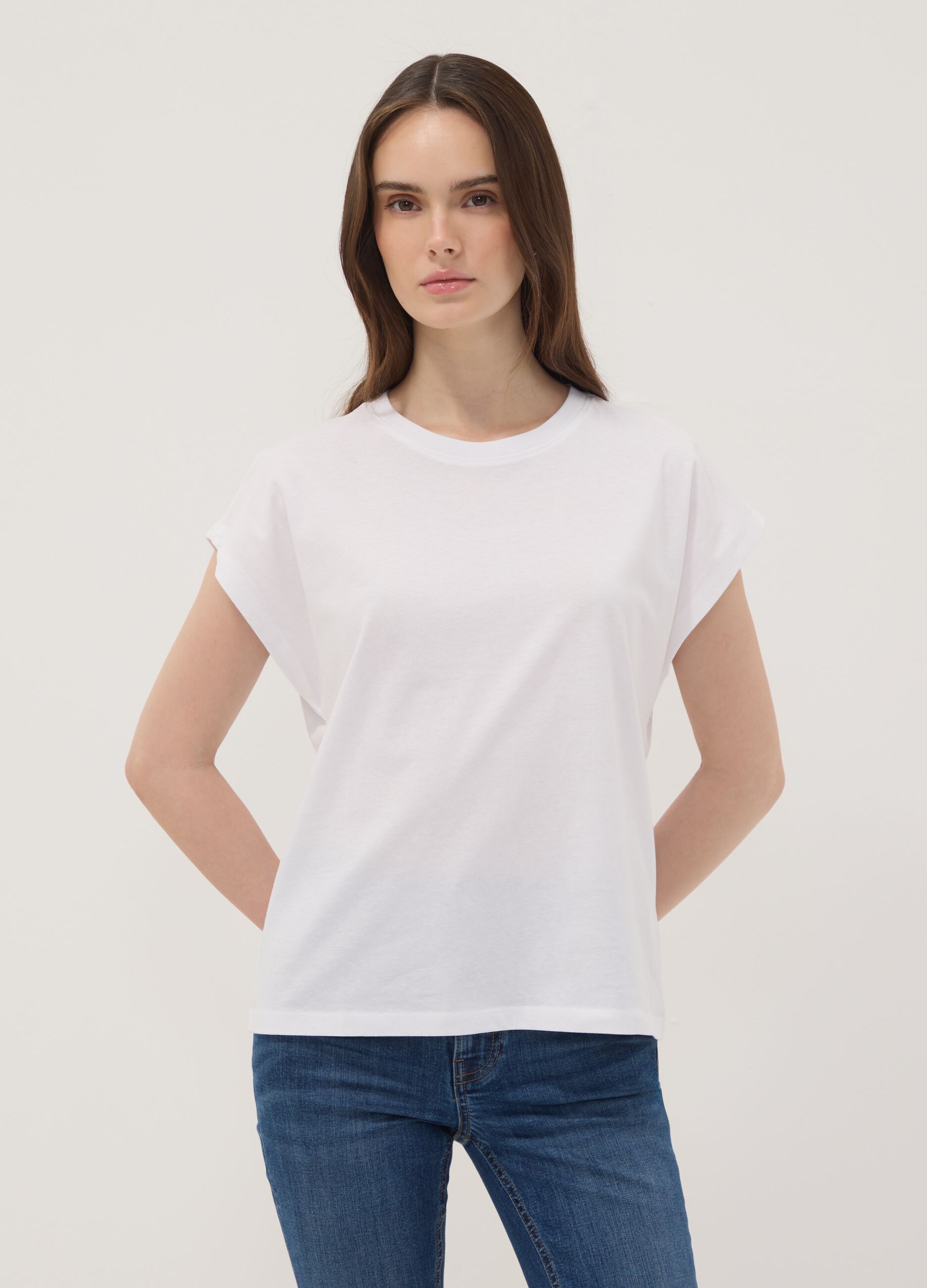 White pure cotton short-sleeve T-shirt, regular fit