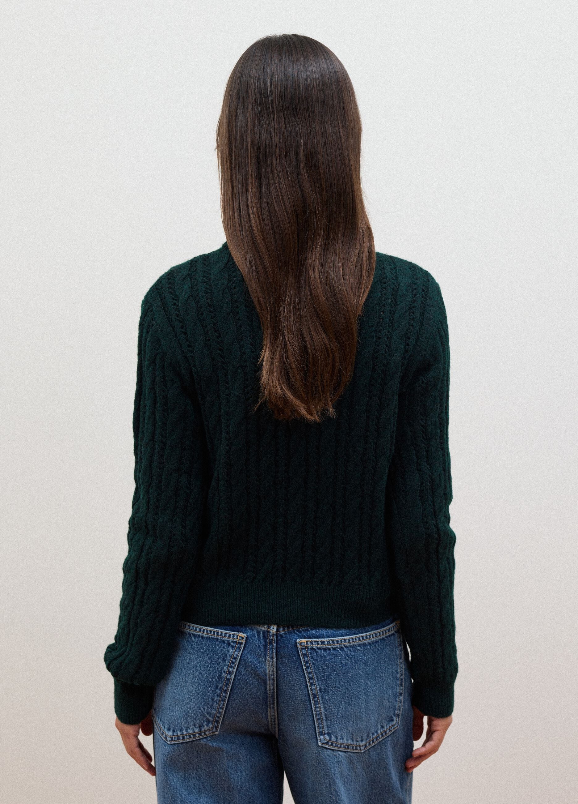 Green crew-neck cable-knit wool-blend jumper, regular fit
