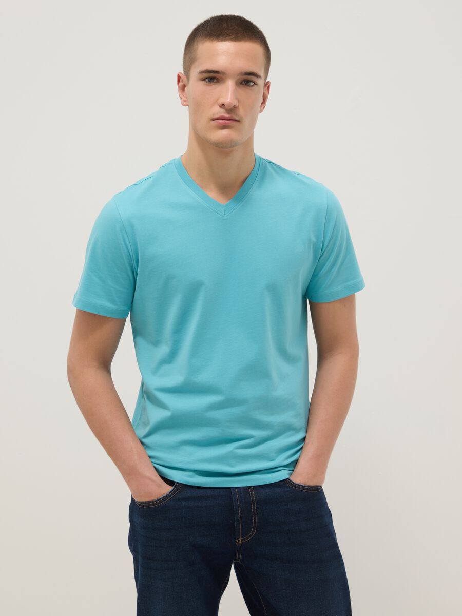 Light blue pure cotton V-neck t-shirt regular fit_1