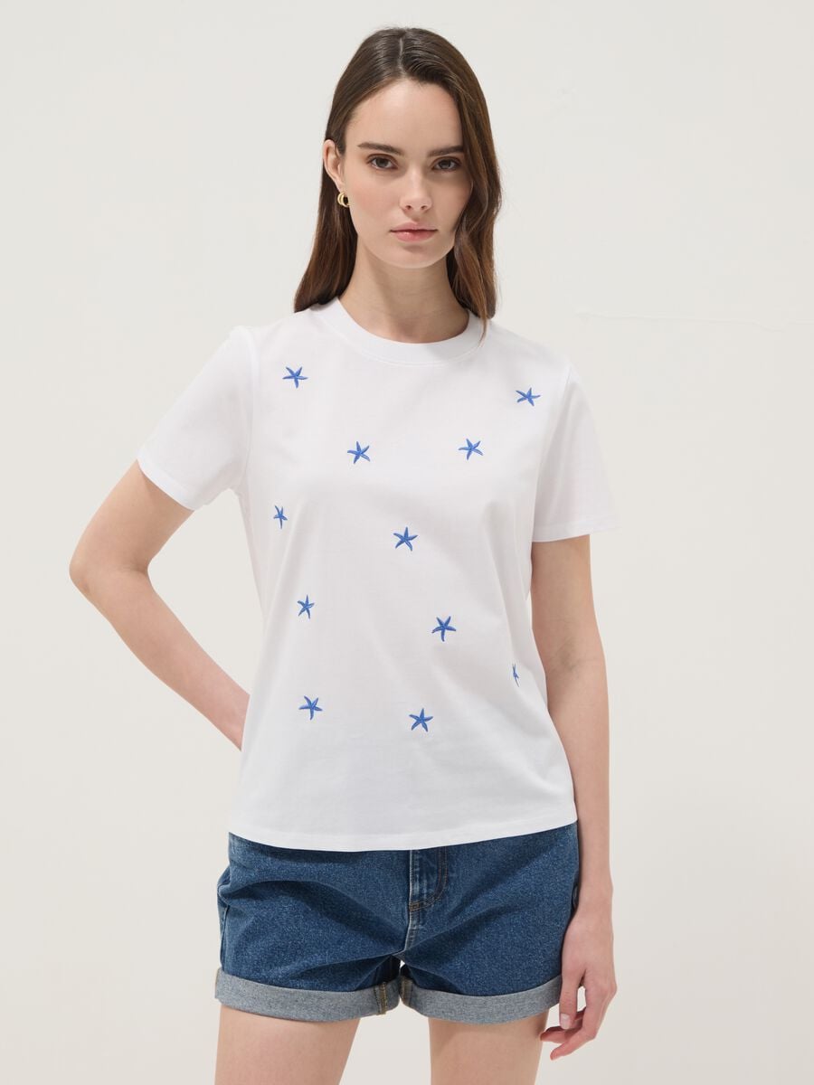 White pure cotton T-shirt with star embroidery_1