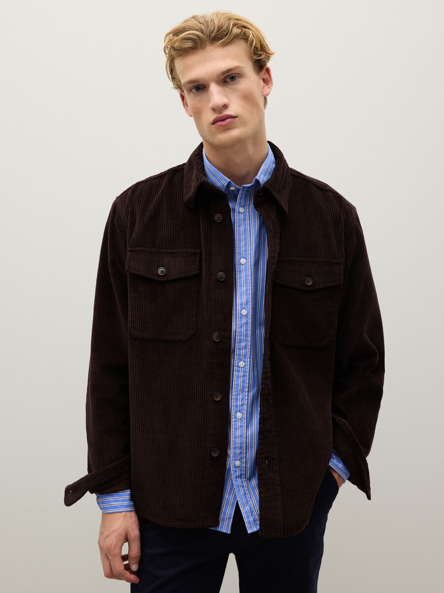 Pure cotton and brown corduroy shirt with oversized fit_0