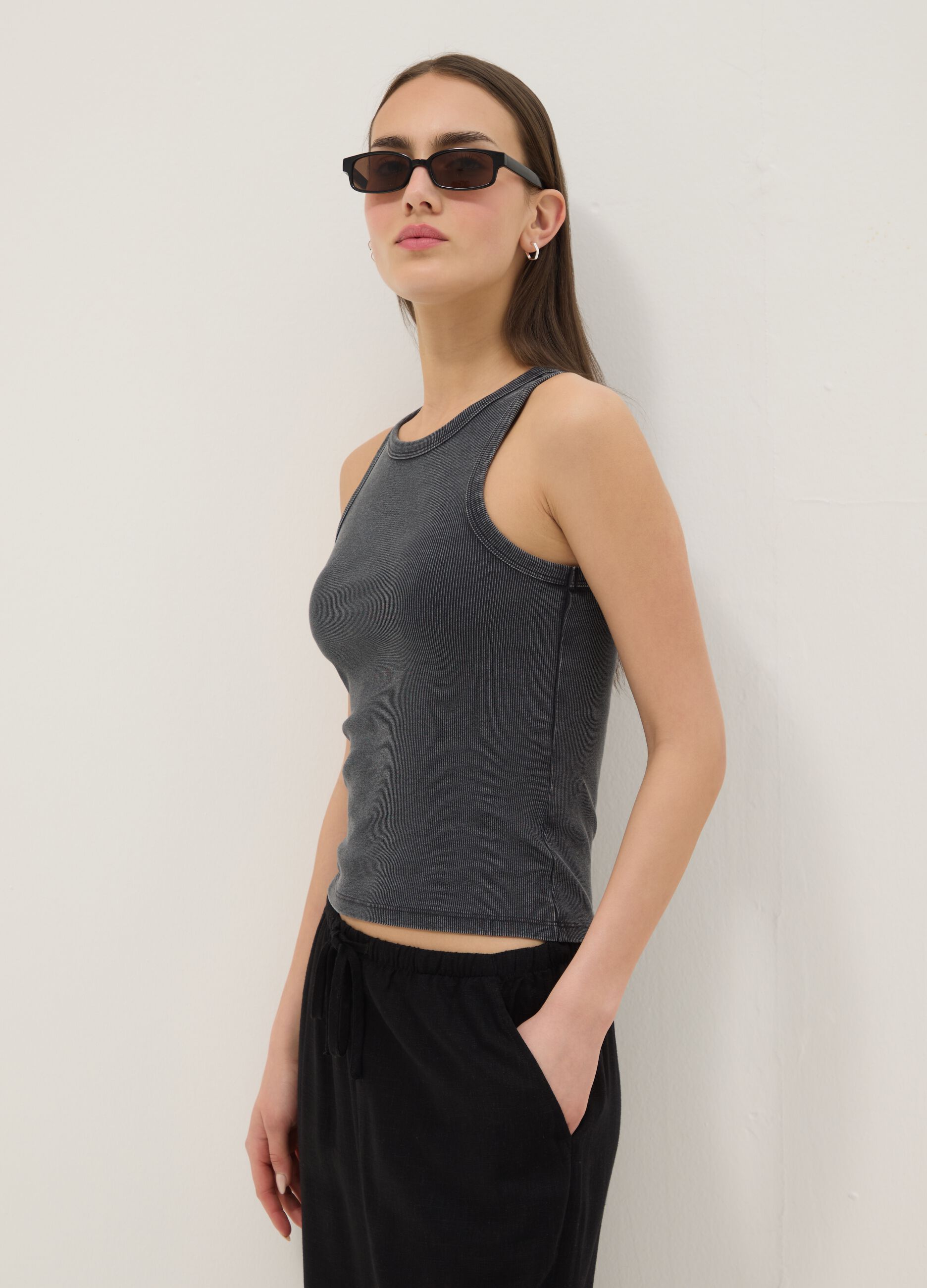 Grey ribbed stretch-cotton fitted tank top