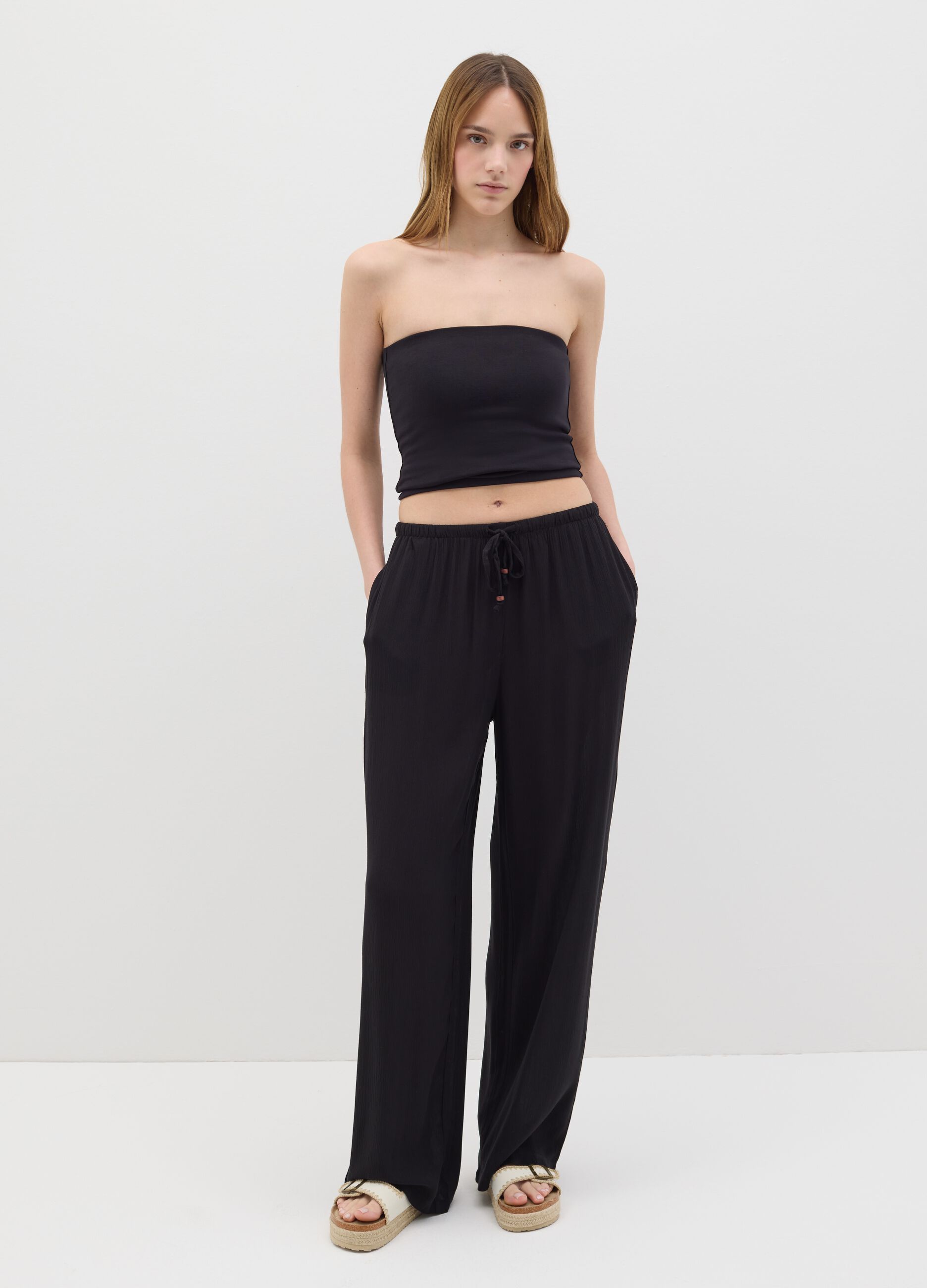 Pantaloni da donna in puro viscosa neri relaxed fit