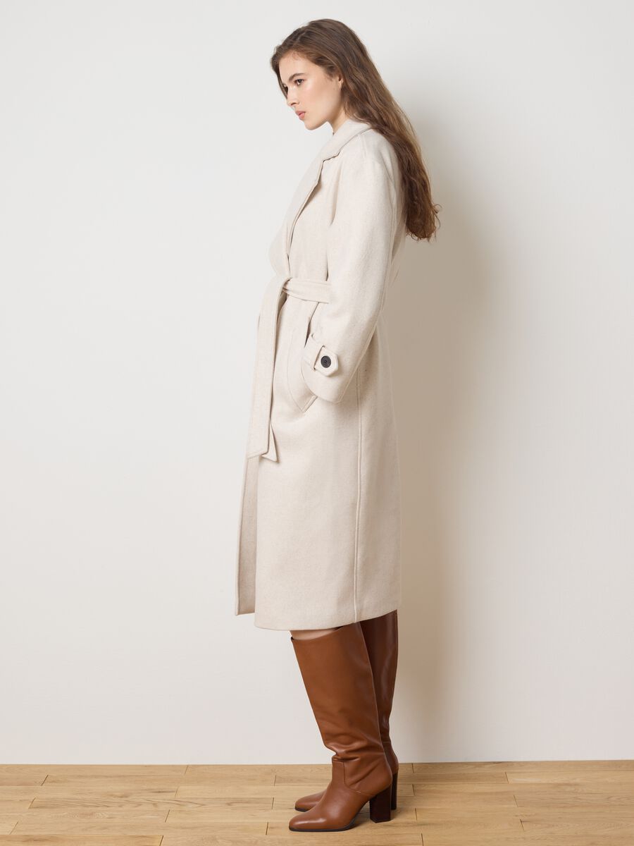 Beige wool blend coat with belt_0