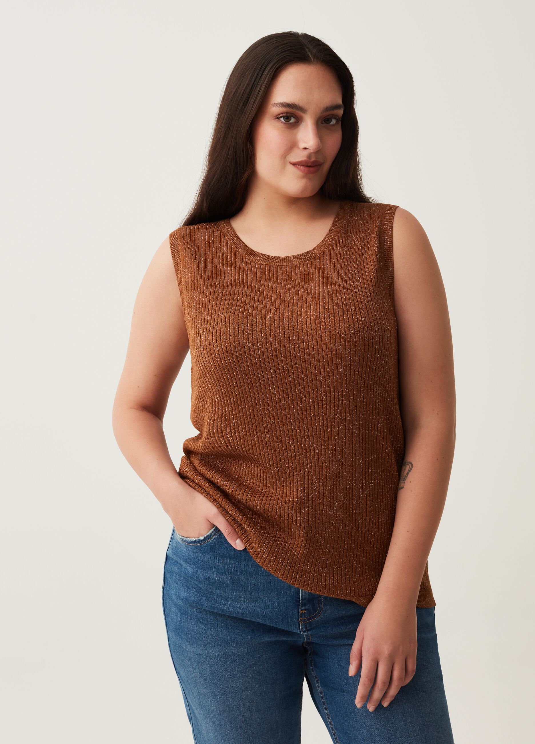 Tank top a coste piatte in lurex Curvy_0