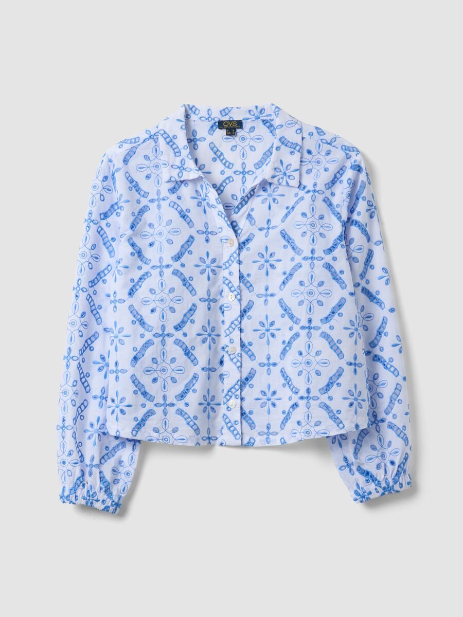 Camicia azzurra in cotone organico con stampa all over_0