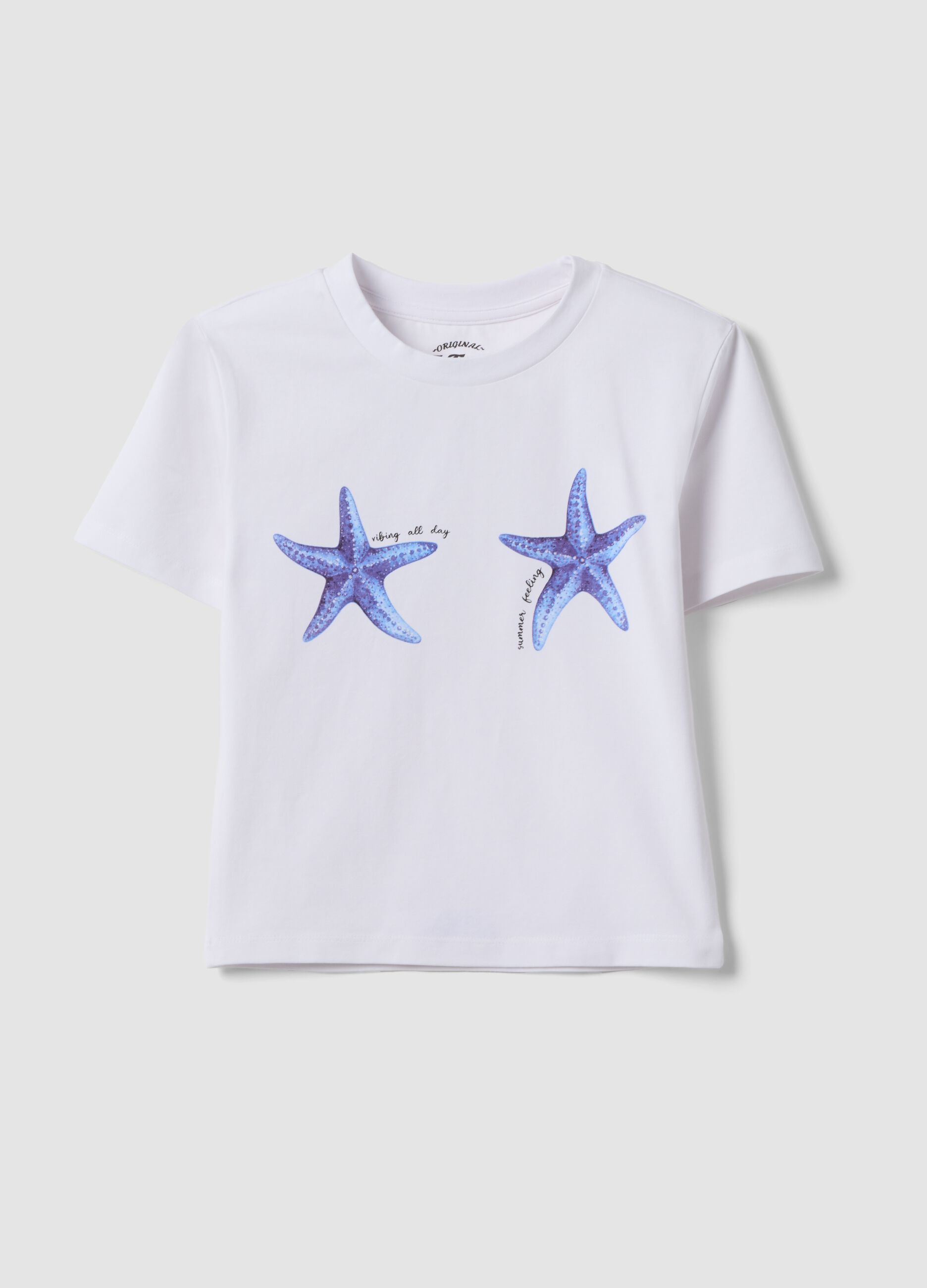 White regular fit stretch cotton t-shirt with starfish