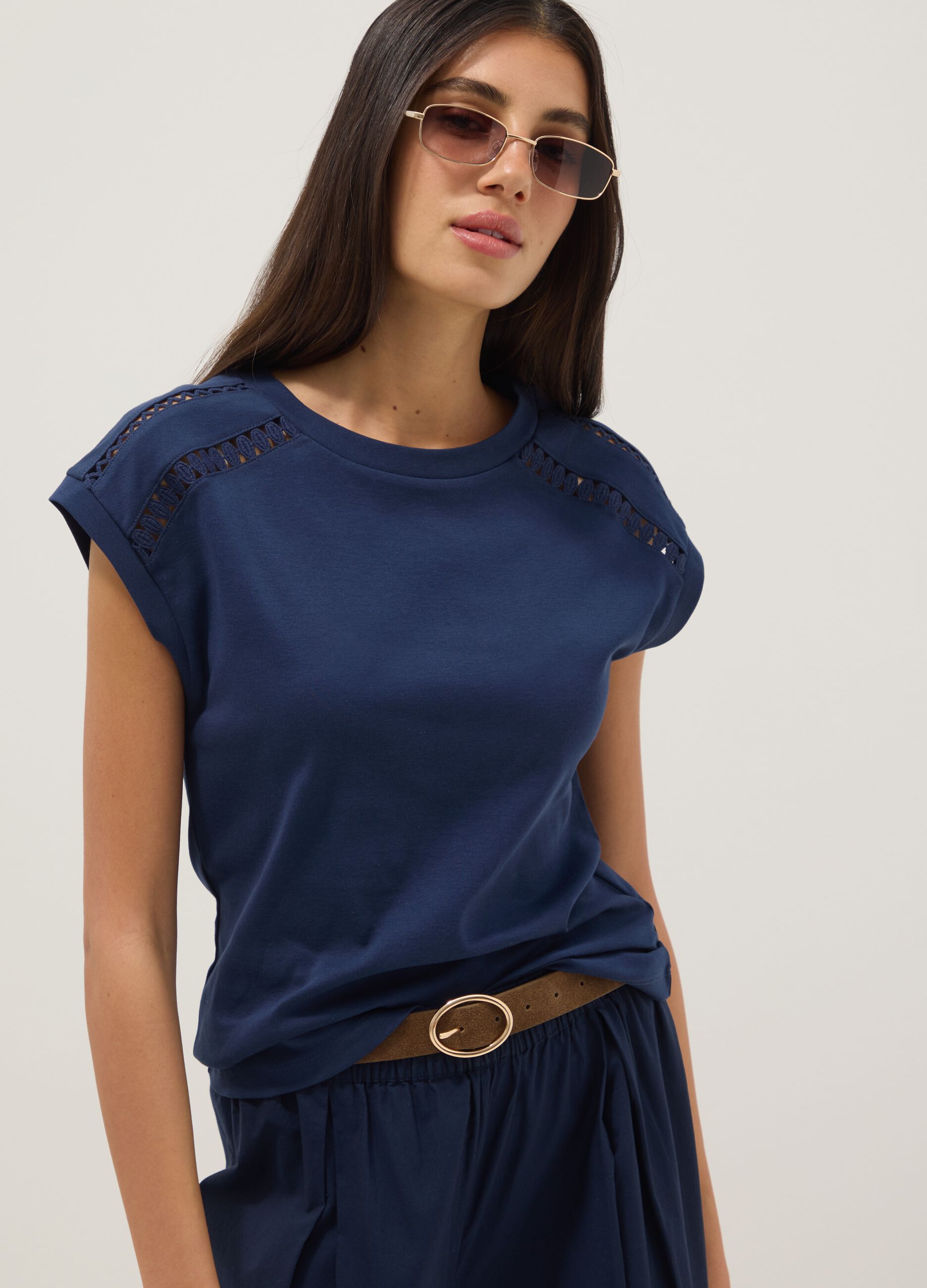 Blue pure cotton T-shirt with perforated inserts