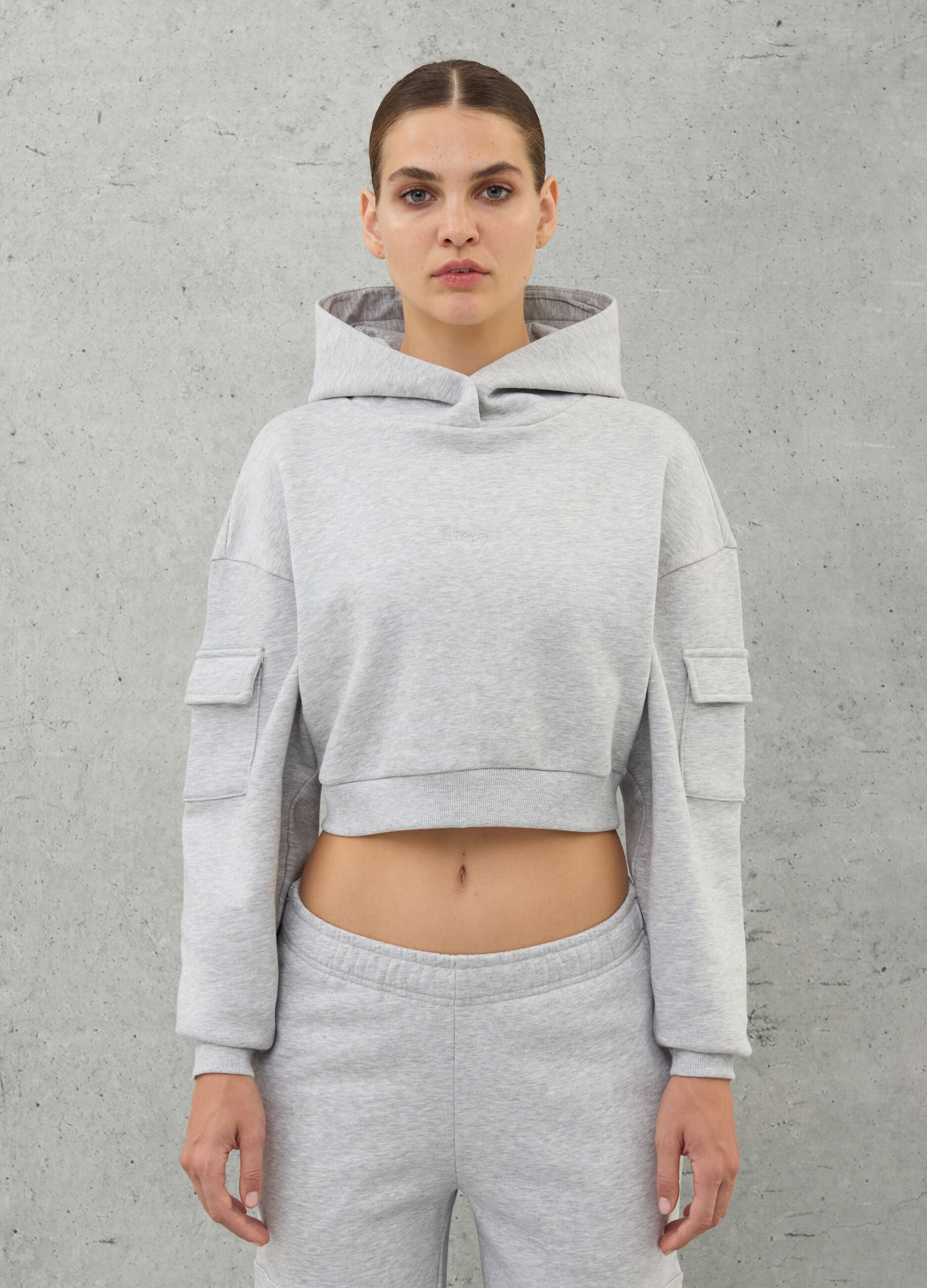 Crop Cargo Hoodie Grey Mélange