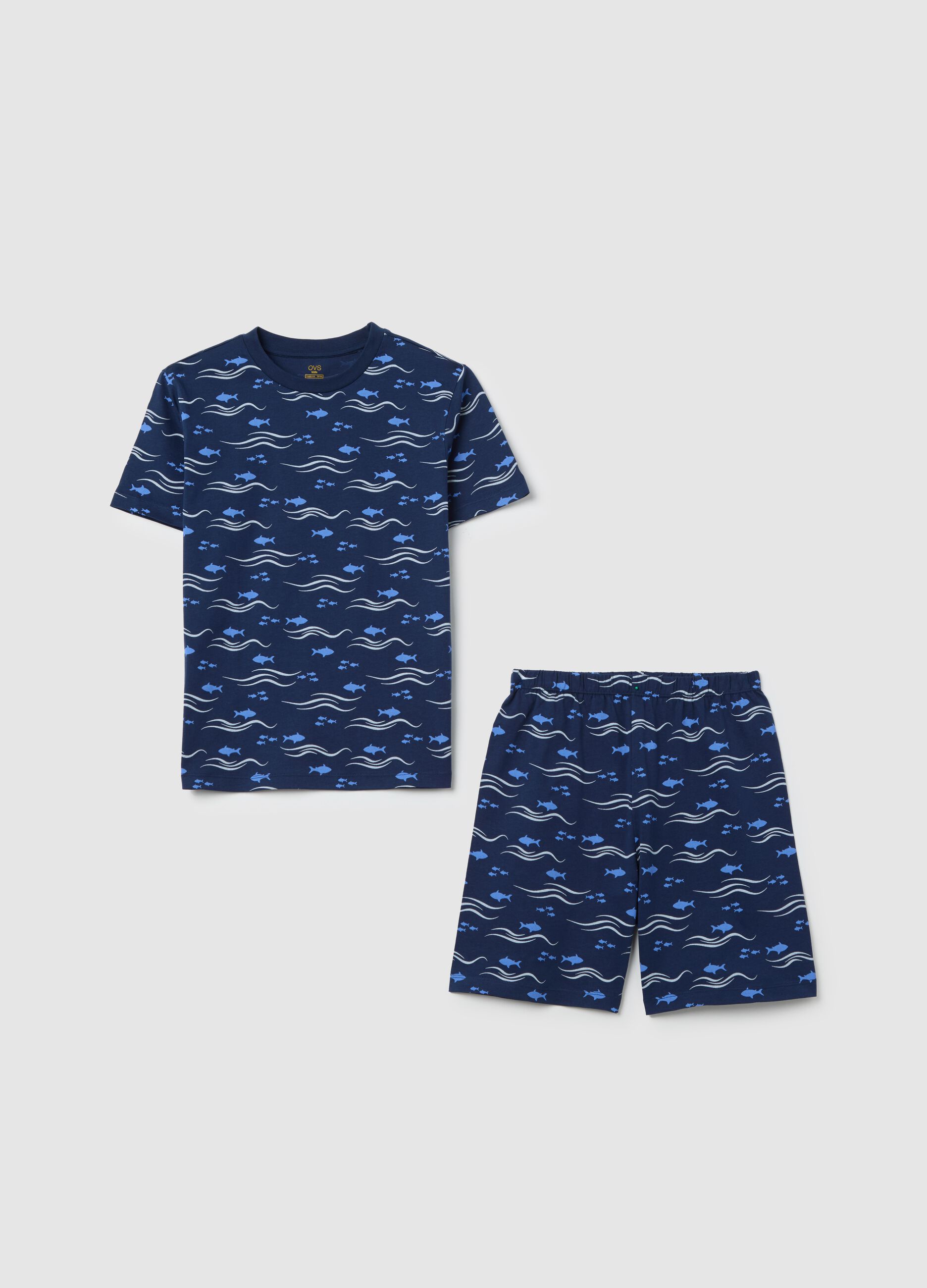 Blue pyjamas in cotton with fish print