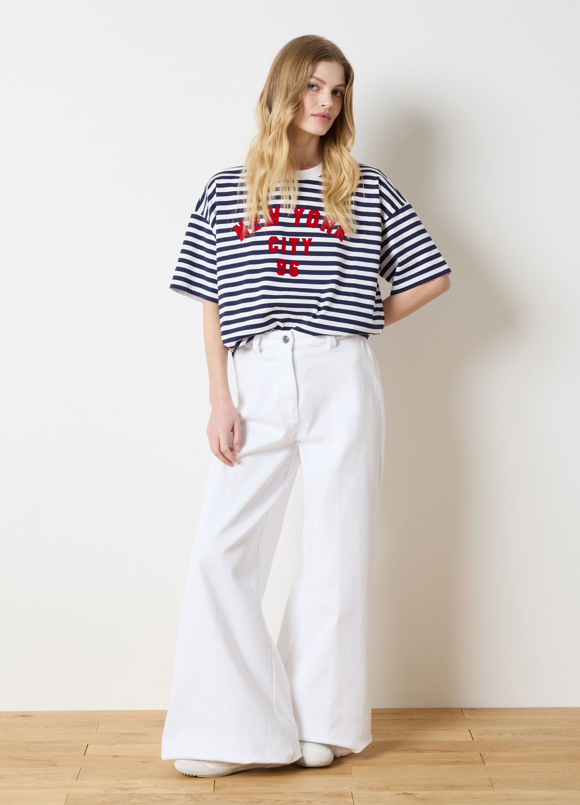 Striped T-shirt with printed lettering