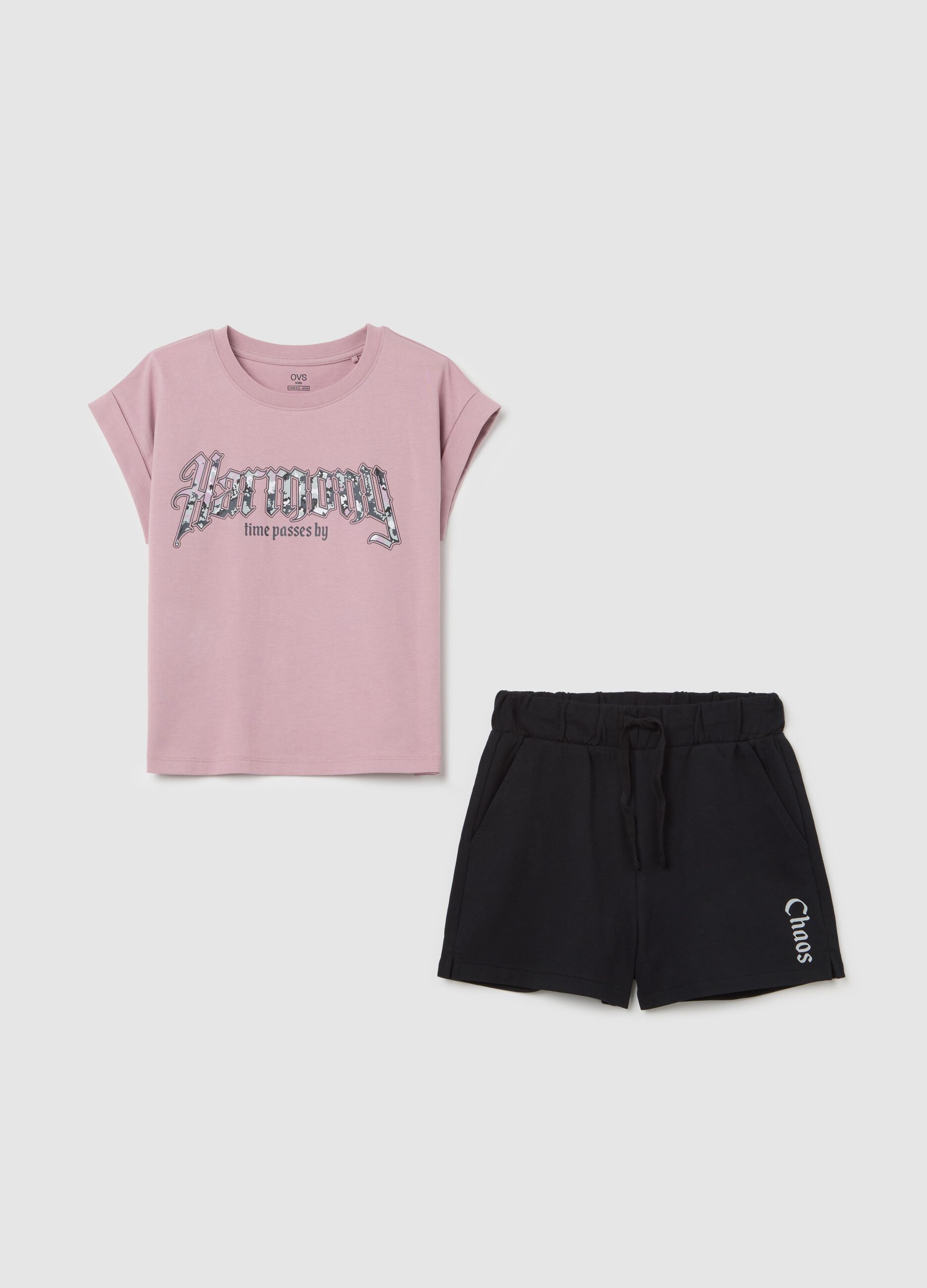 Black and pink jogging set in cotton with print