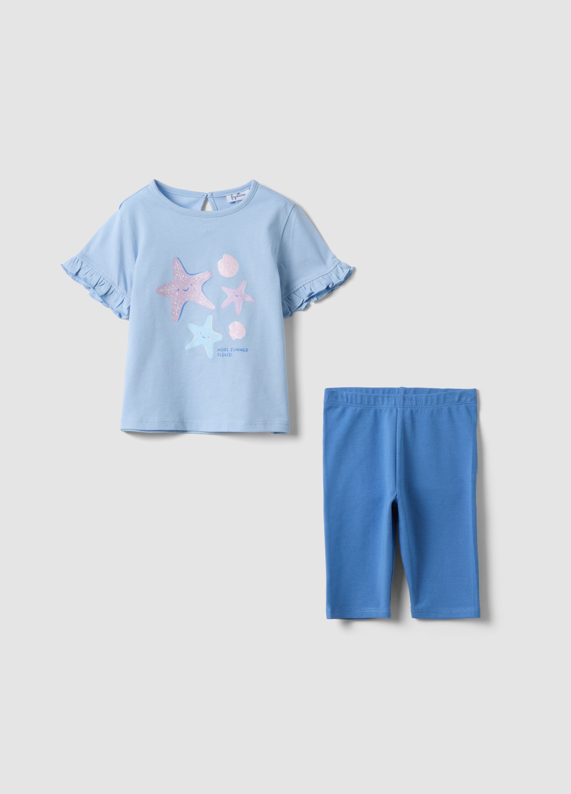 Completo azzurro in puro cotone con t-shirt e leggings per bimba regular fit