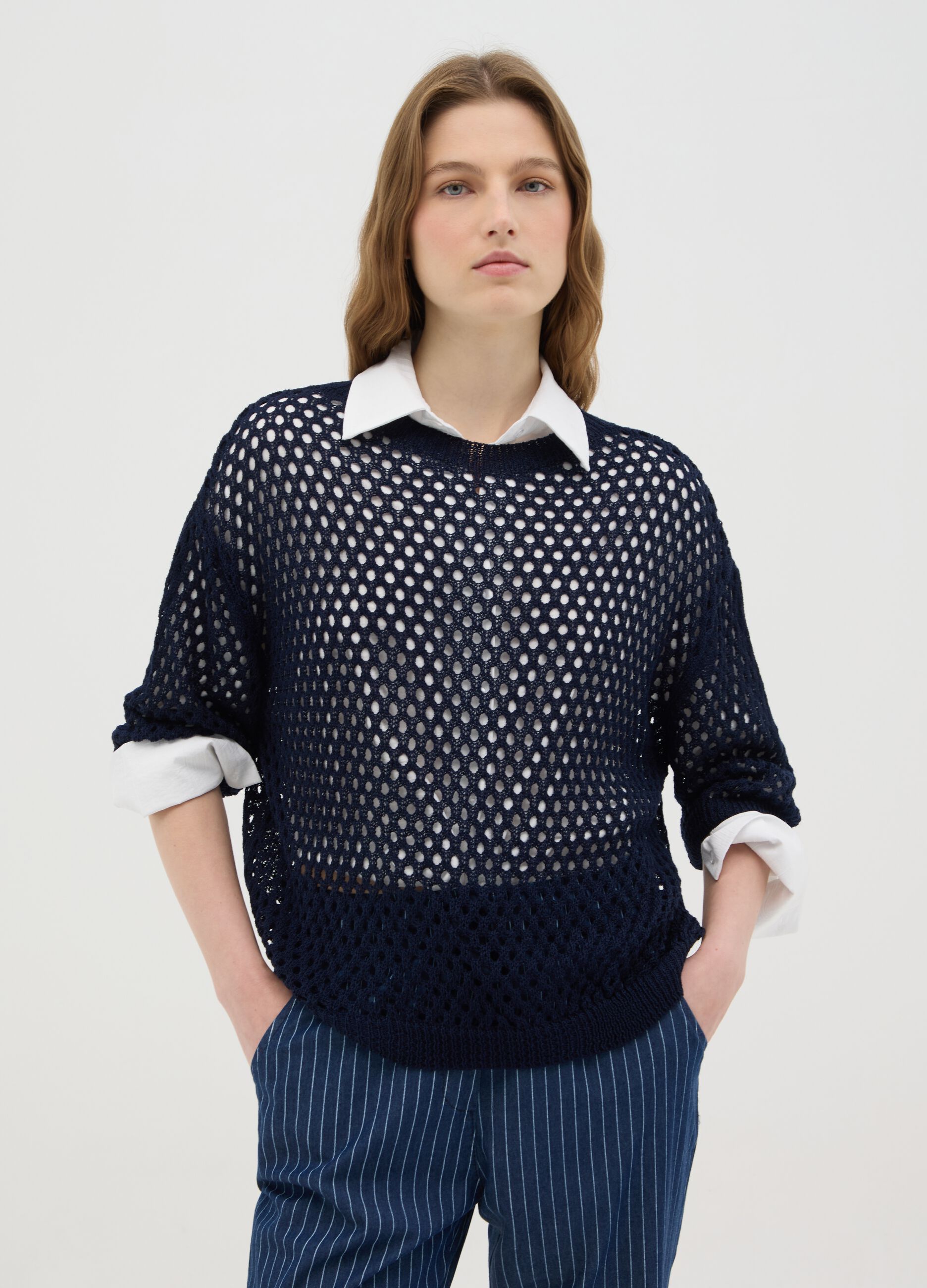 Maglia a rete da donna in misto acrilico blu regular fit