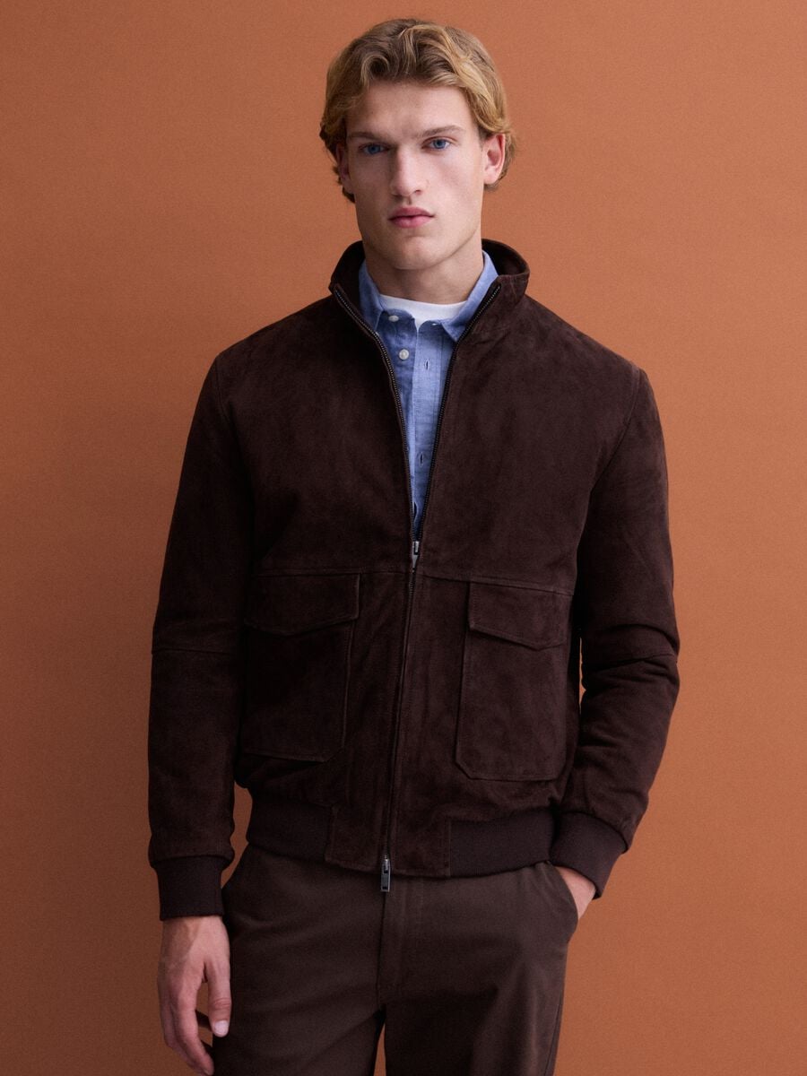 Brown genuine leather bomber jacket with zip_0