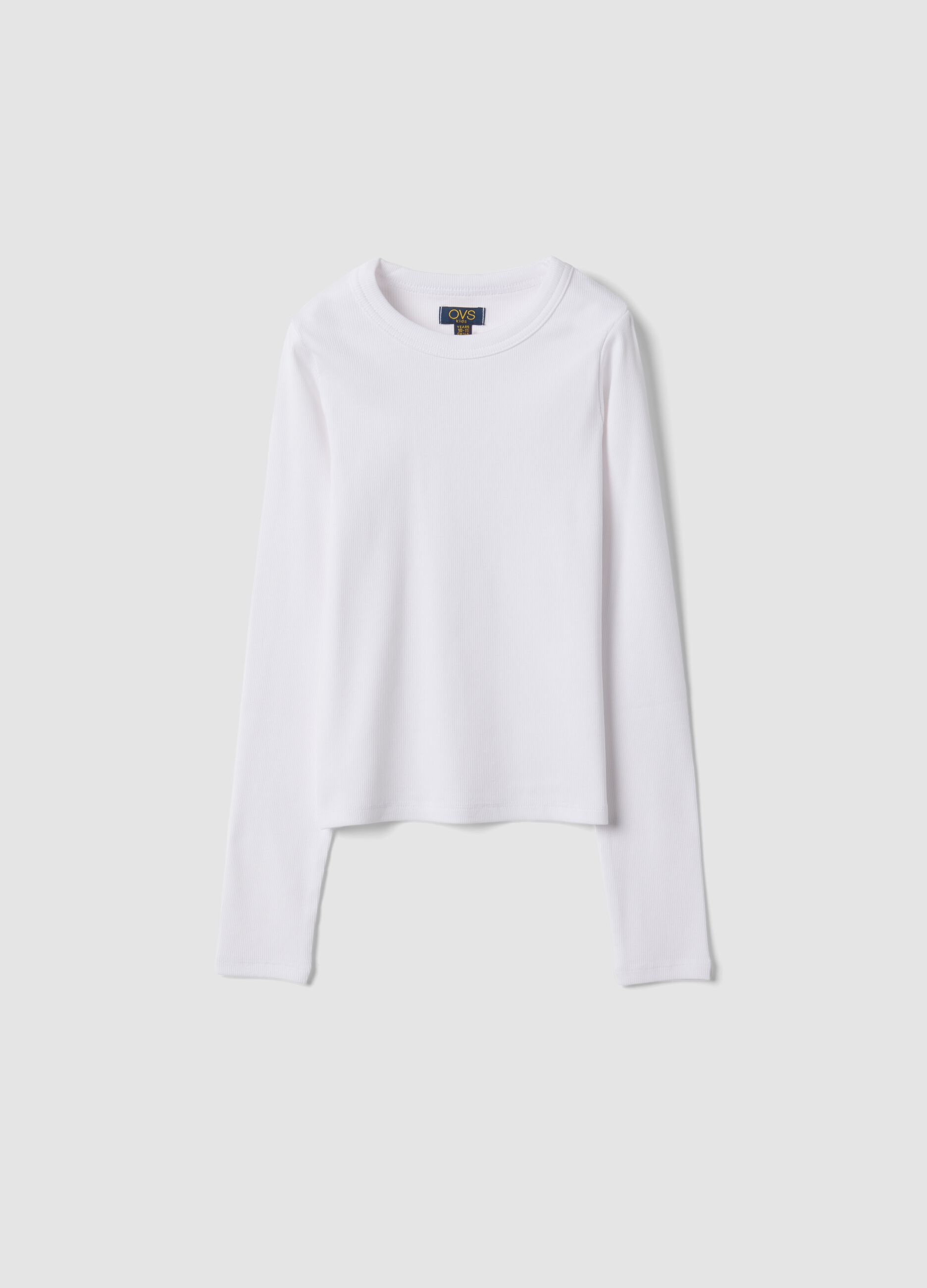 White stretch organic cotton T-shirt with ribbed neck