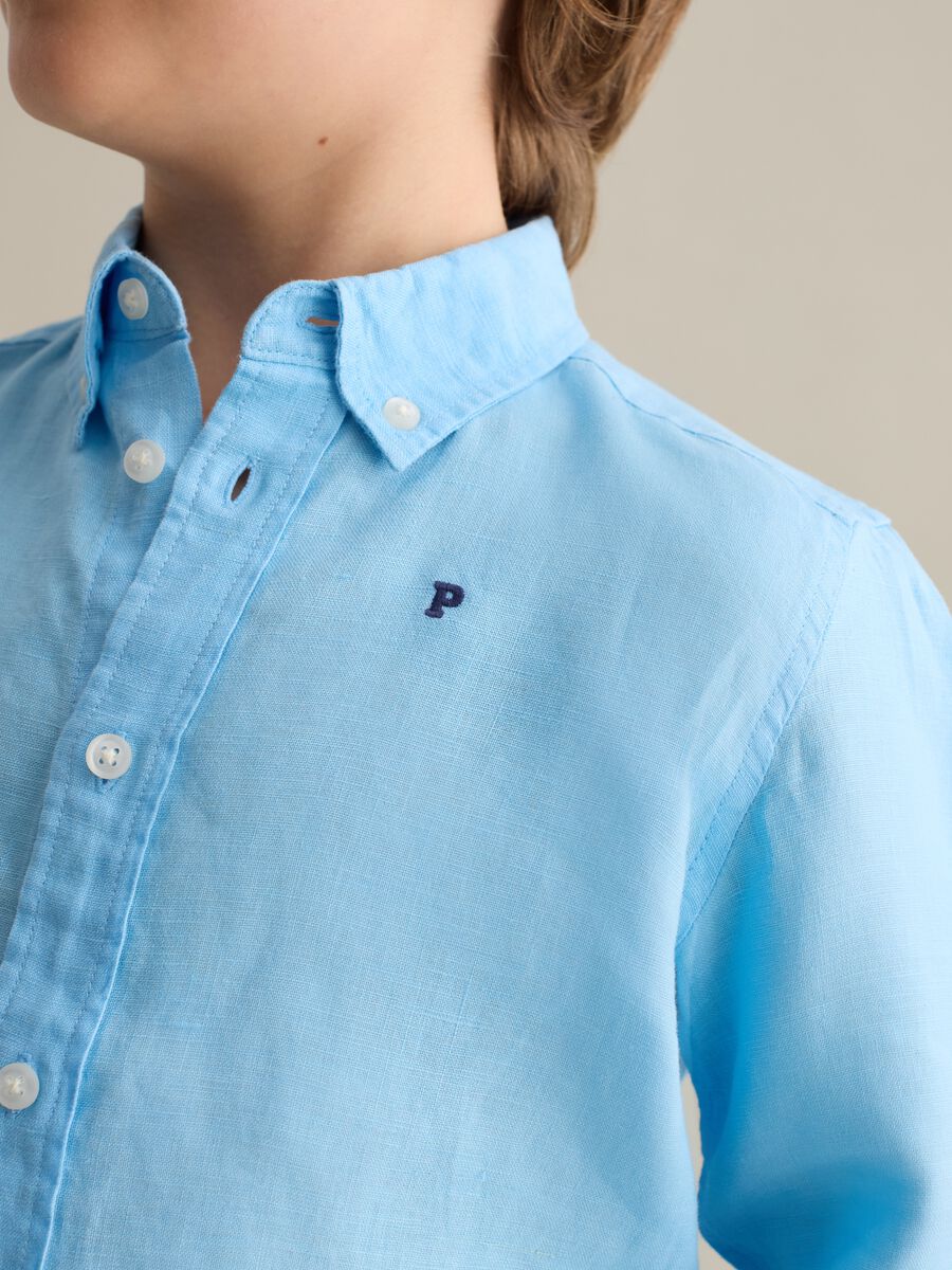 Light blue linen shirt with logo embroidery_1