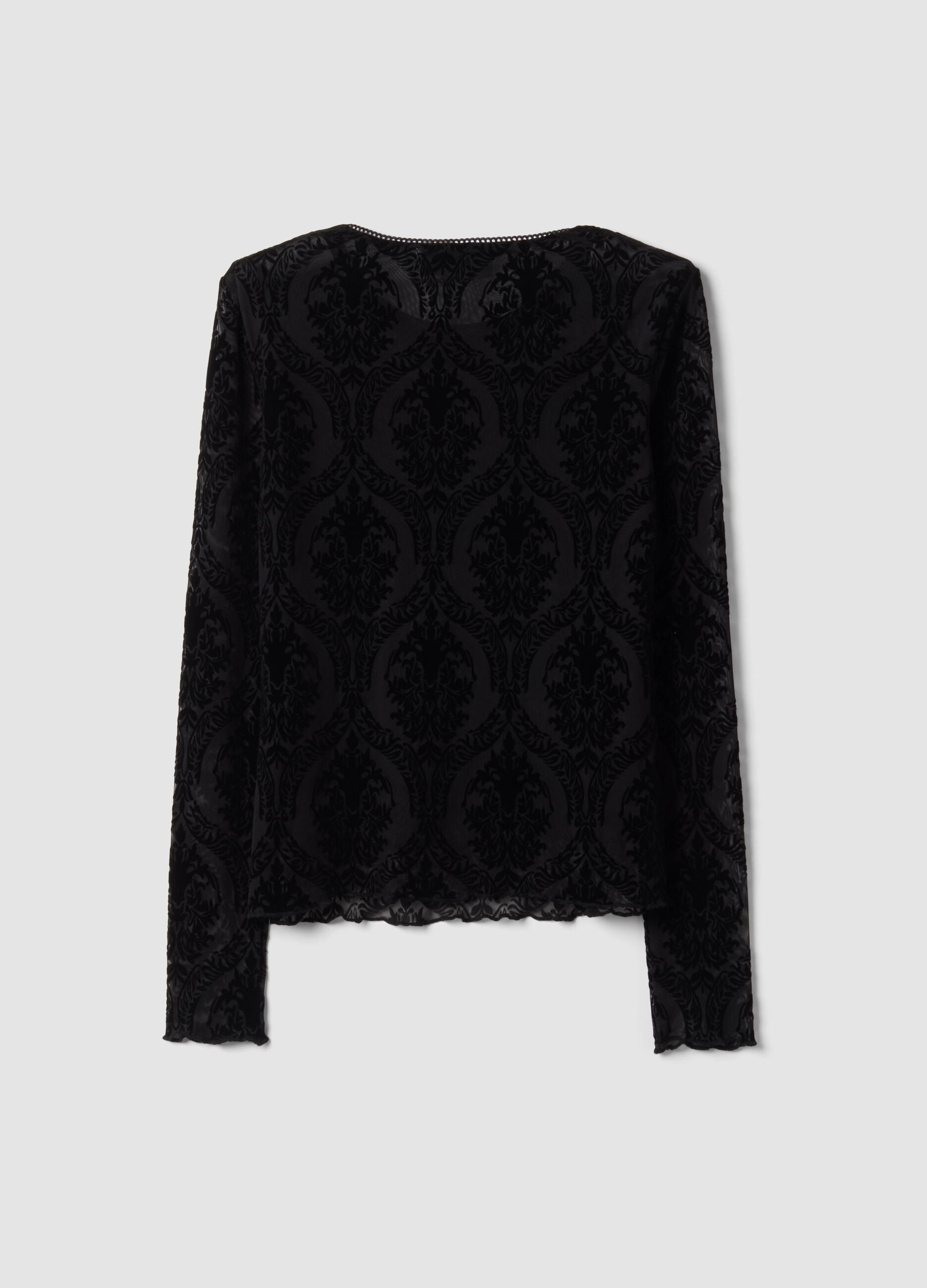 T-shirt nera in tessuto elasticizzato trasparente con fantasia regular fit