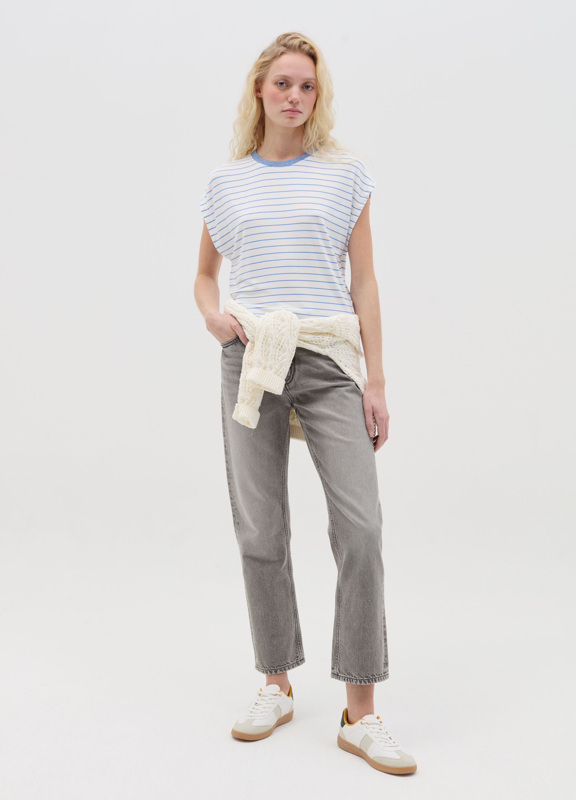 White and light blue striped T-shirt with short sleeves