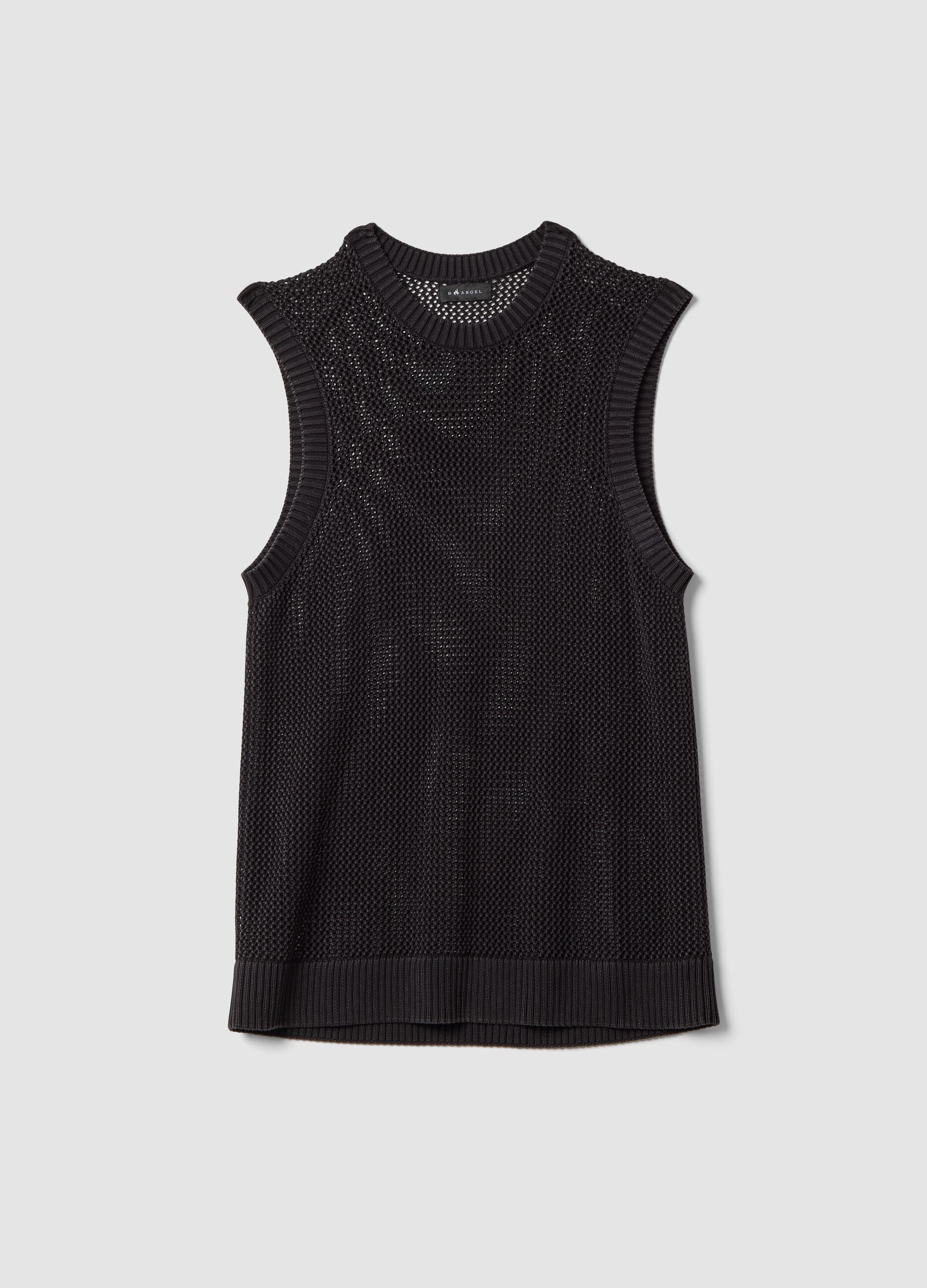 Black pure cotton mesh sleeveless top, oversized fit
