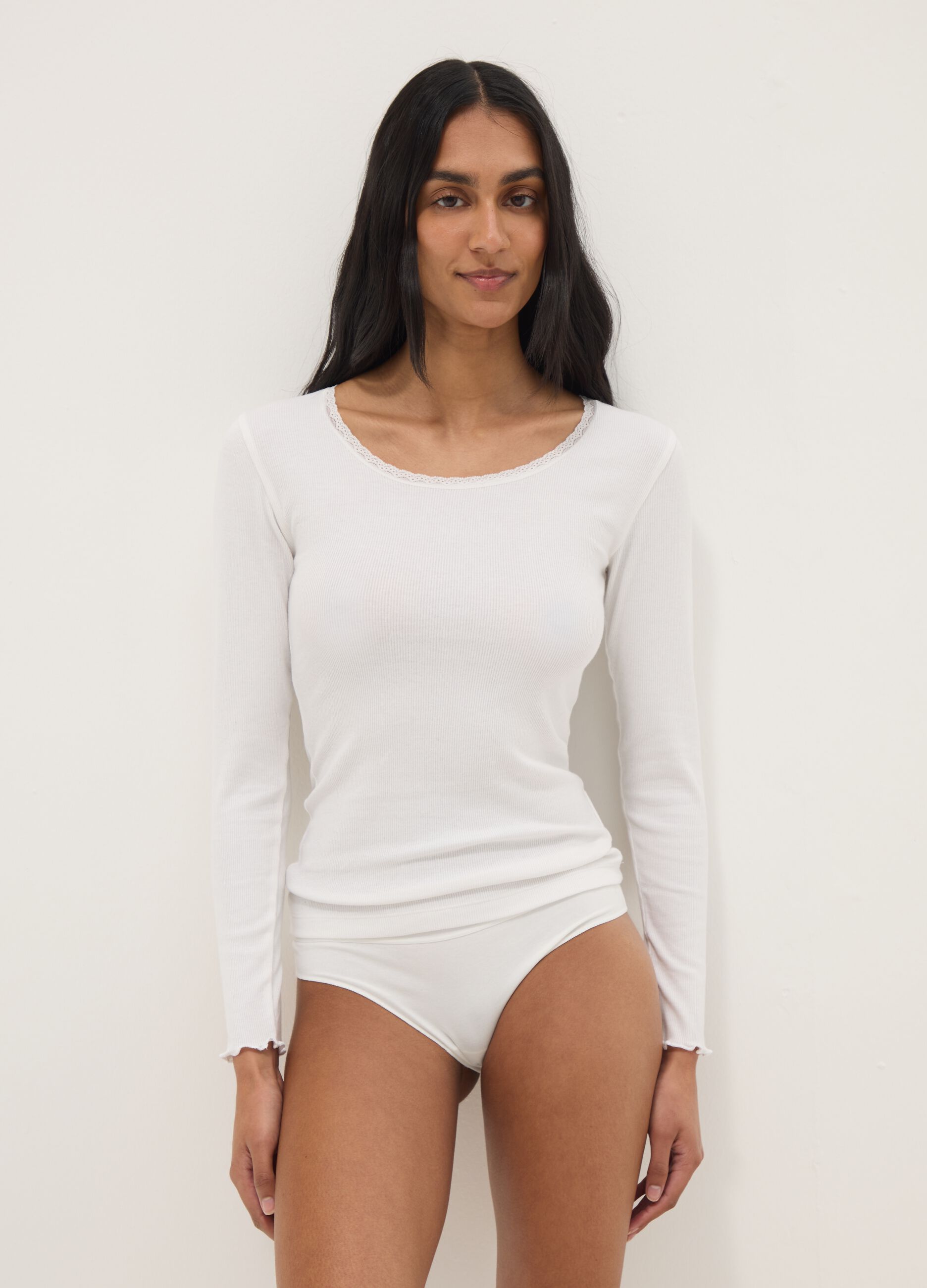 Maglia girocollo bianca a maniche lunghe in misto cotone regular fit