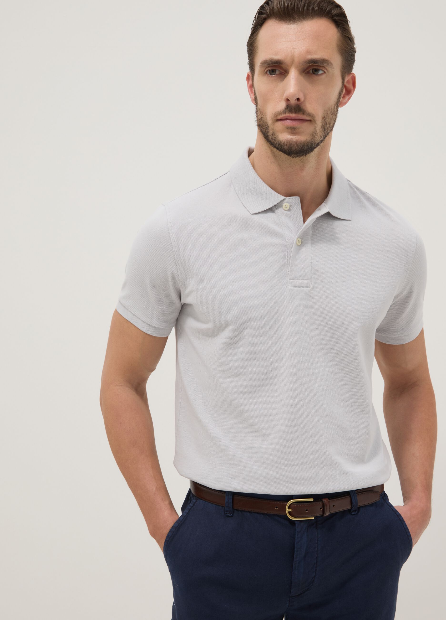 Grey cotton short-sleeved polo regular fit