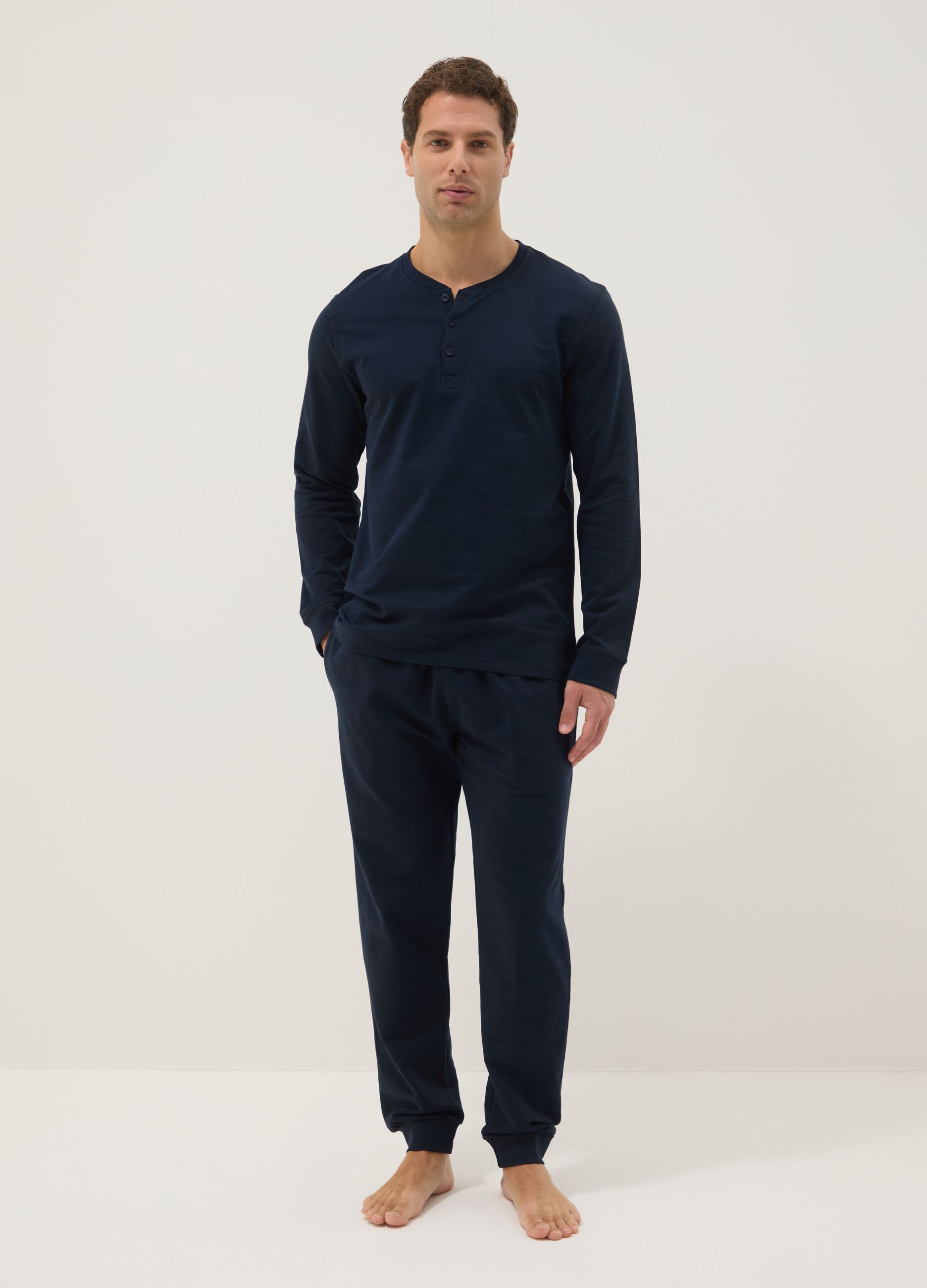 Blue long pyjama in pure cotton, regular fit with Henley collar
