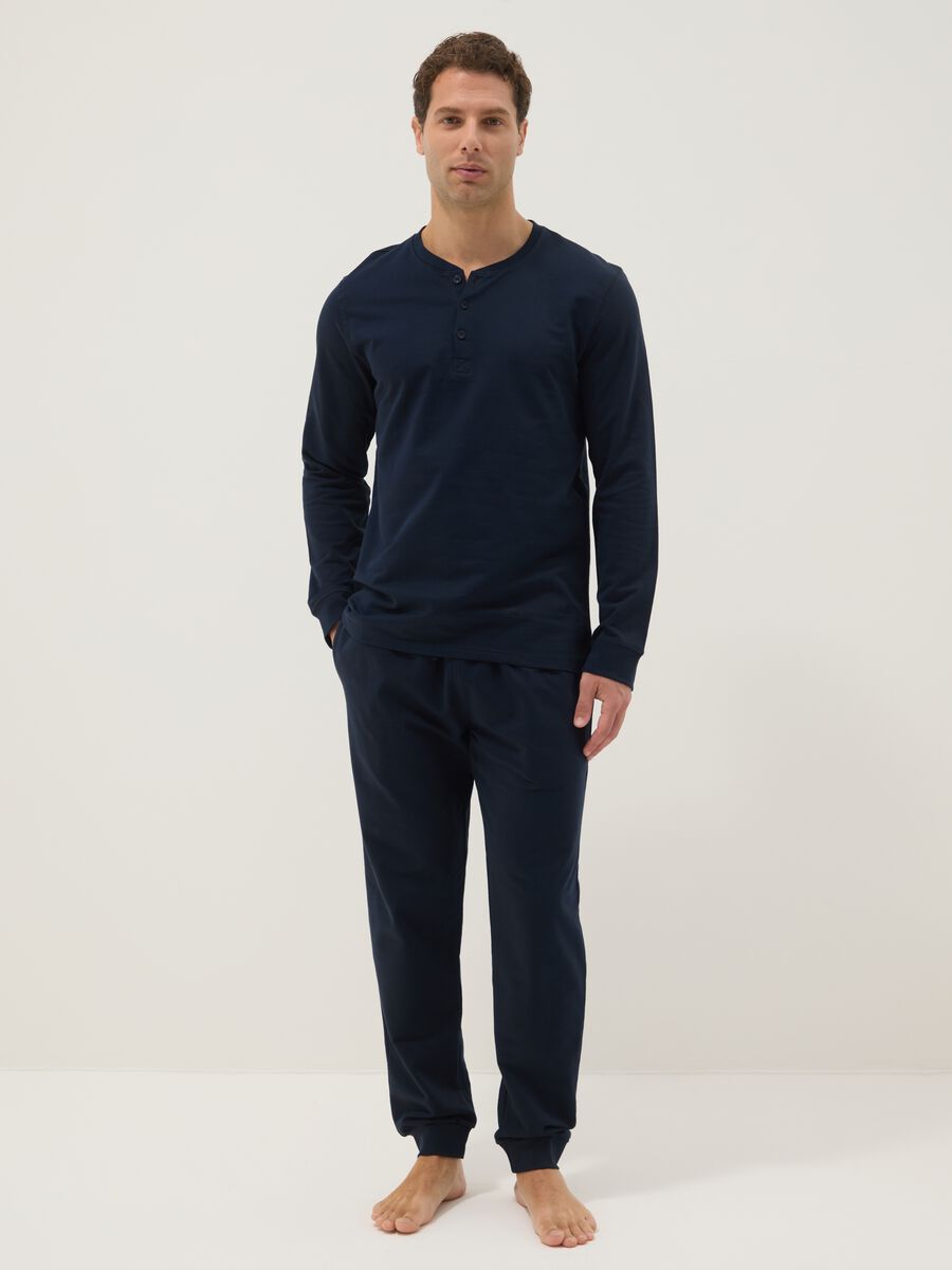 Blue long pyjama in pure cotton, regular fit with Henley collar_0