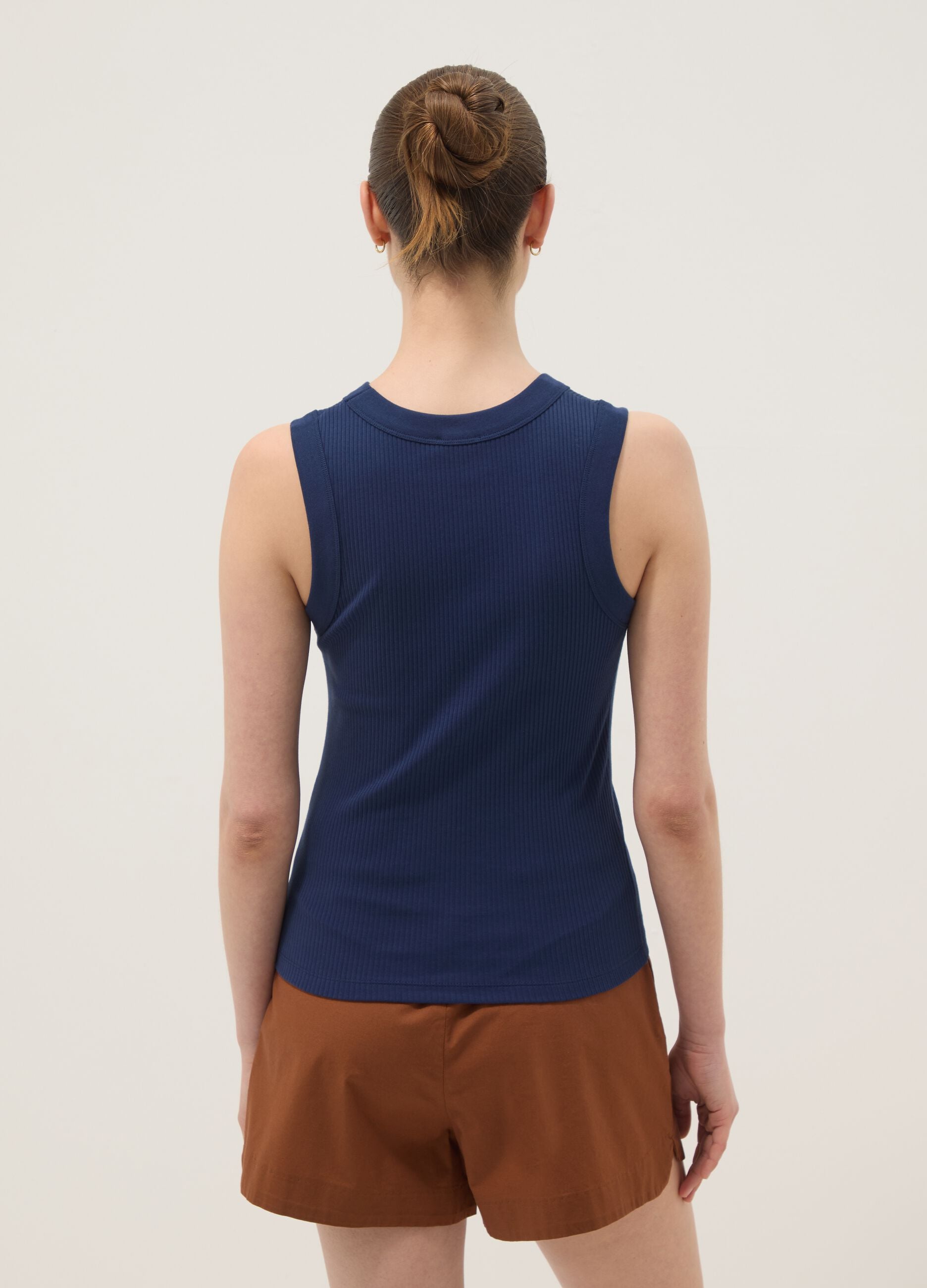 Blue fitted ribbed stretch-cotton tank top